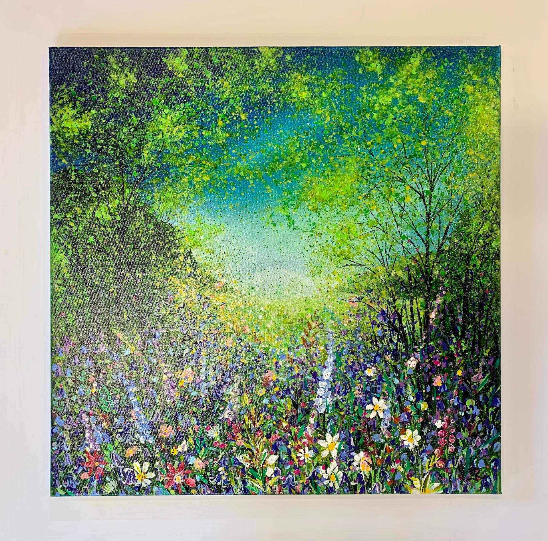 Buntes Holzland mit blauen Glocken, Jan Rogers, Holzlandmalerei, Blumenkunstwerk im Angebot 1