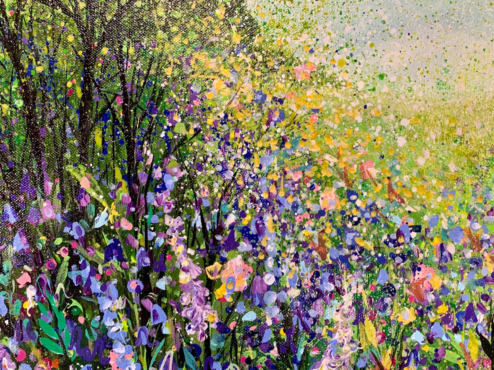 Buntes Holzland mit blauen Glocken, Jan Rogers, Holzlandmalerei, Blumenkunstwerk im Angebot 2