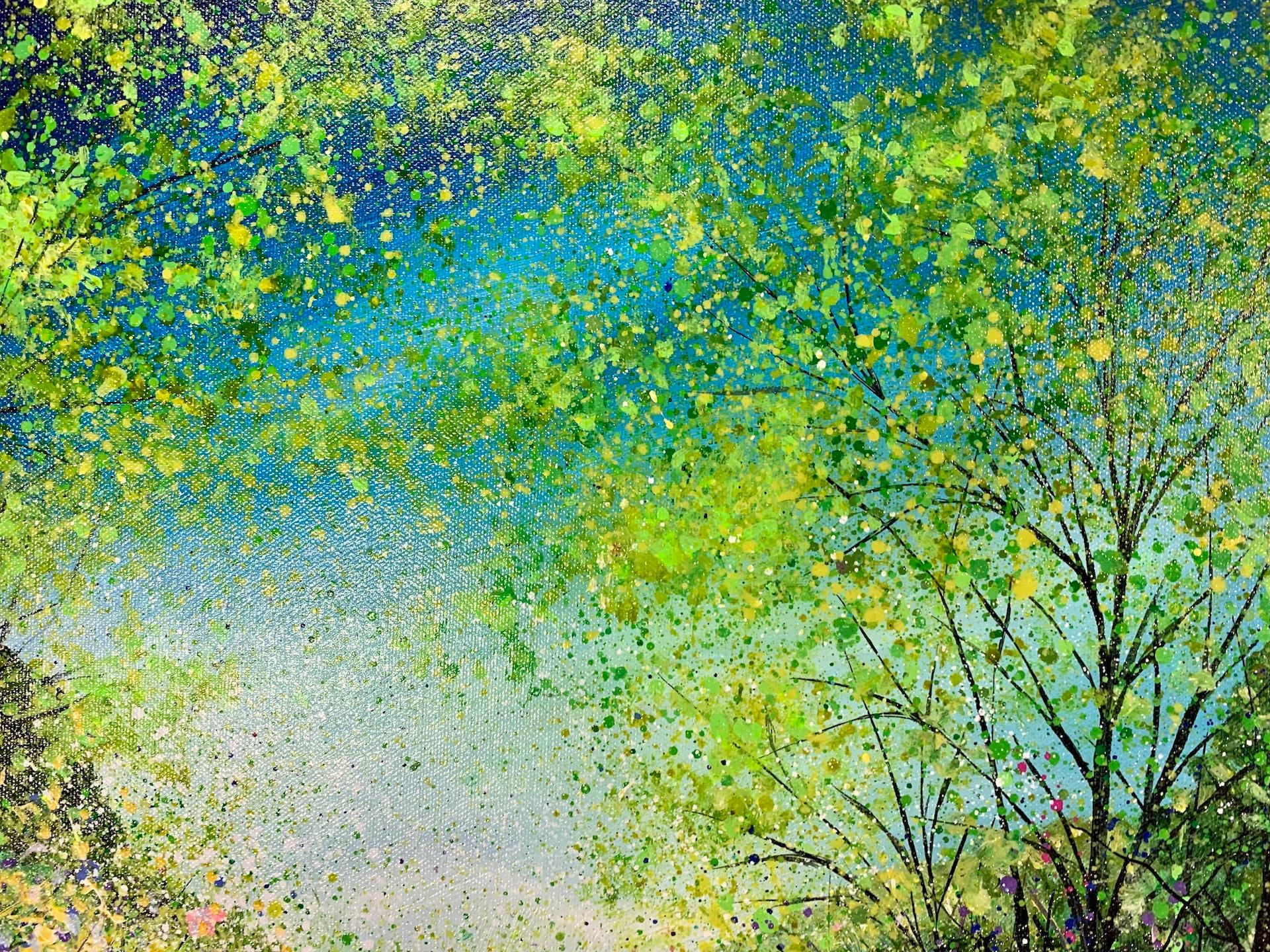 Buntes Holzland mit blauen Glocken, Jan Rogers, Holzlandmalerei, Blumenkunstwerk im Angebot 3