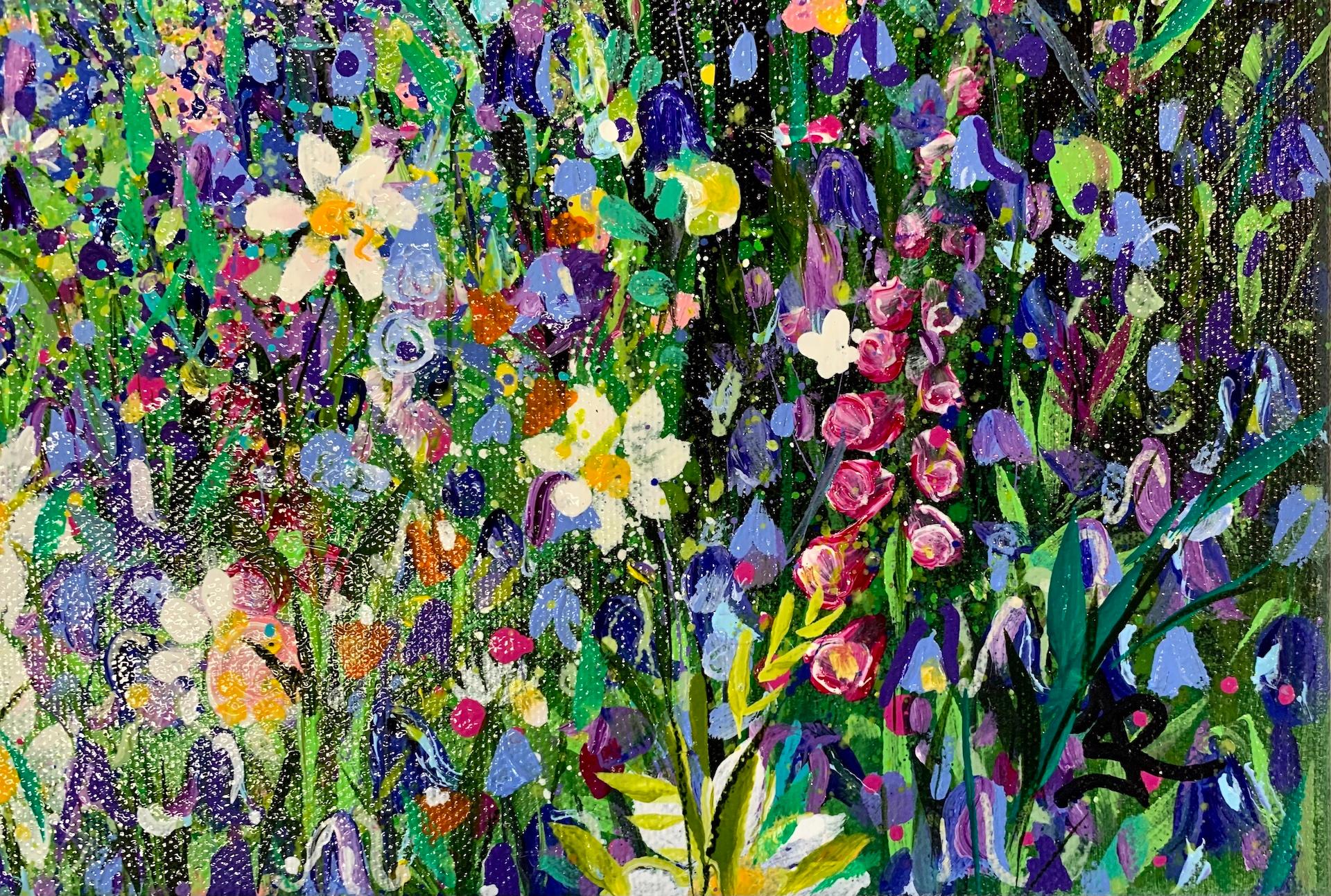 Buntes Holzland mit blauen Glocken, Jan Rogers, Holzlandmalerei, Blumenkunstwerk im Angebot 4