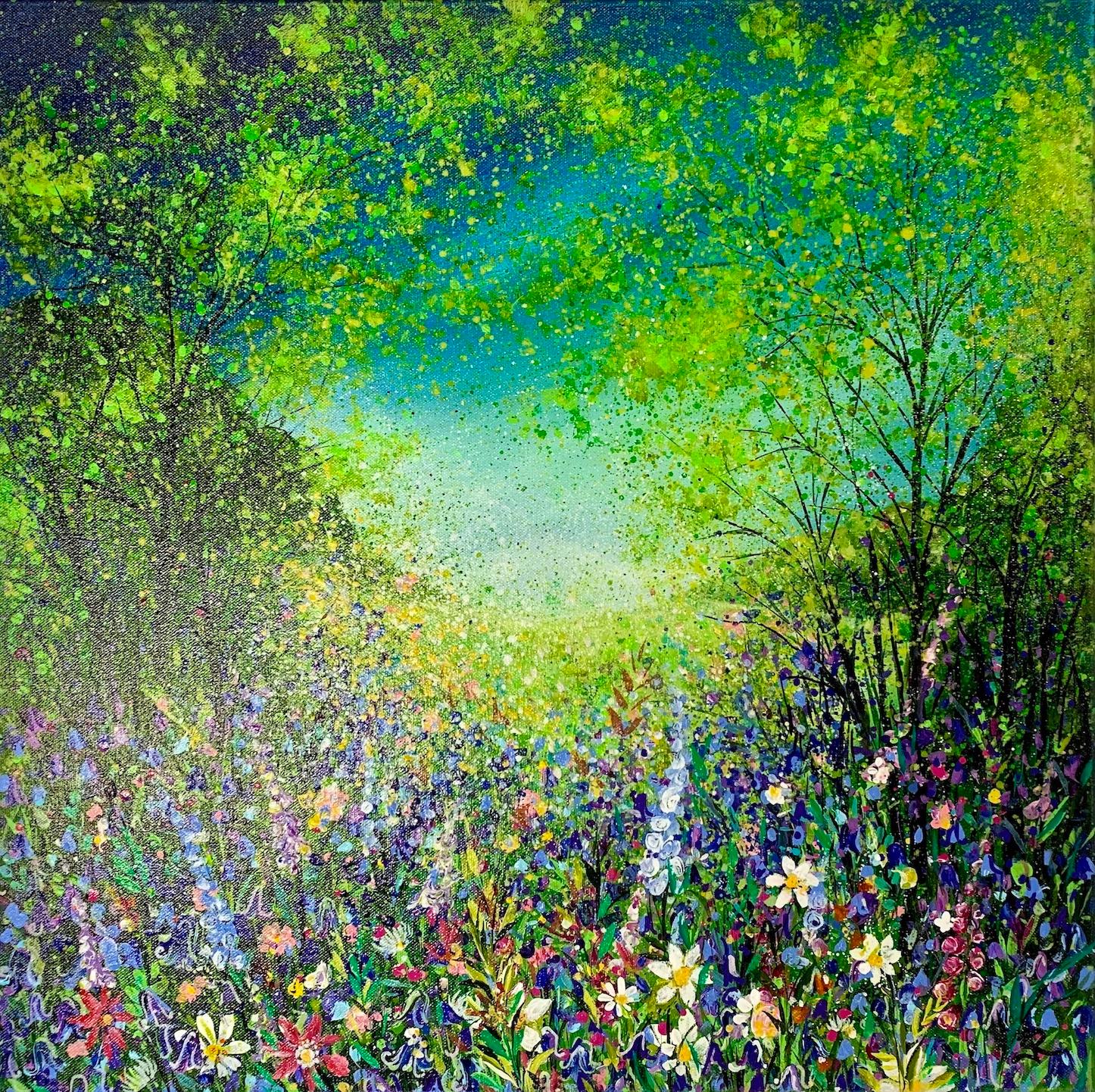 Peinture de bois colorée « Woodland With Bluebells » de Jan Rogers, œuvre d'art florale
