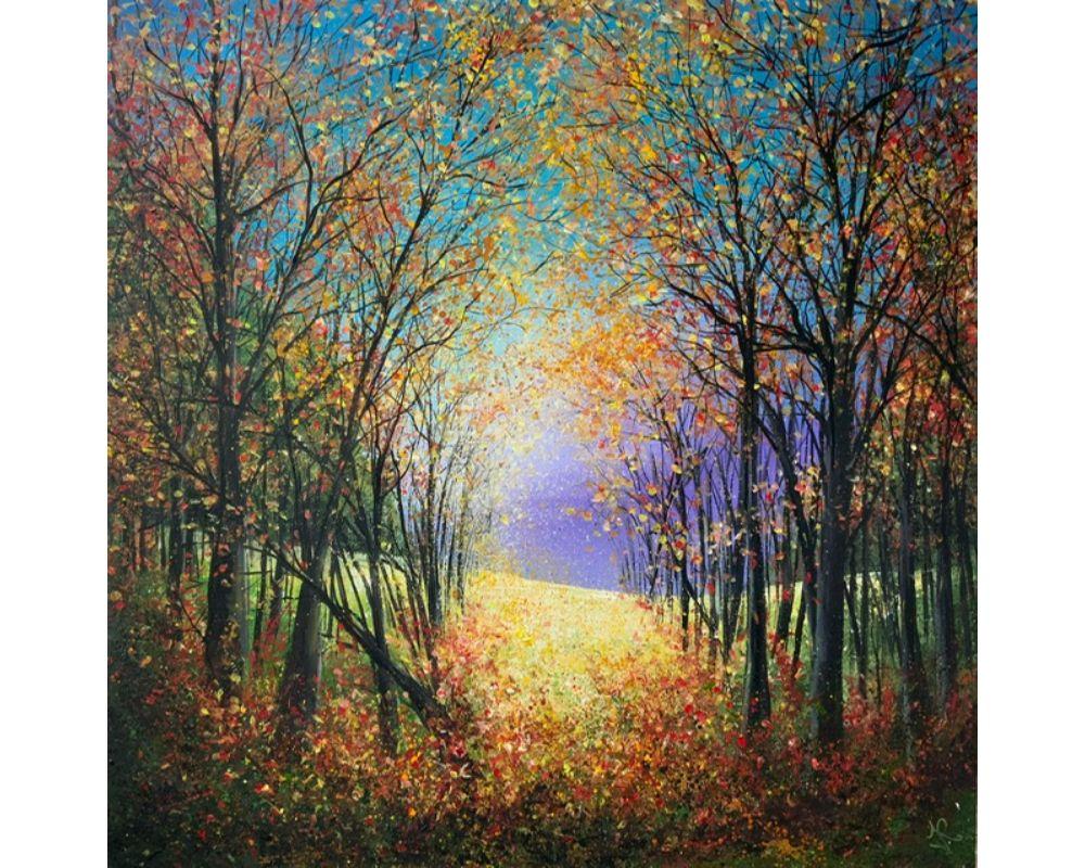 Colours of the Season by Jan Rogers [2022]

A seasonal acrylic painting, Autumn colours, golds, violets and olives contrast with the lilacs and blues of the sky. Sunlight breaks through lightning up the woodland floor, highlighting a delicate