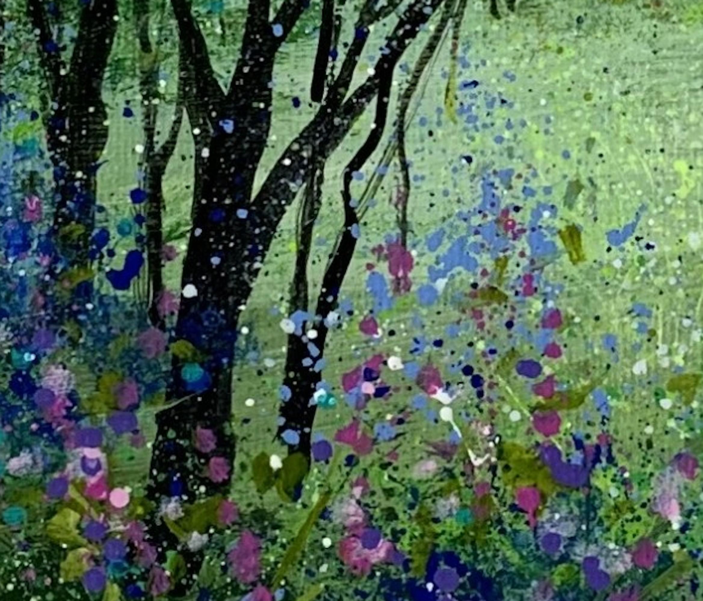 'Enchanted Bluebells' by Jan Rogers is an original work. The piece depicts an enchanting bluebell woodland, dusky and atmospheric with a hint of pink in the sky. A small painting beautifully framed in a deep, white and wooden moulding. The essence