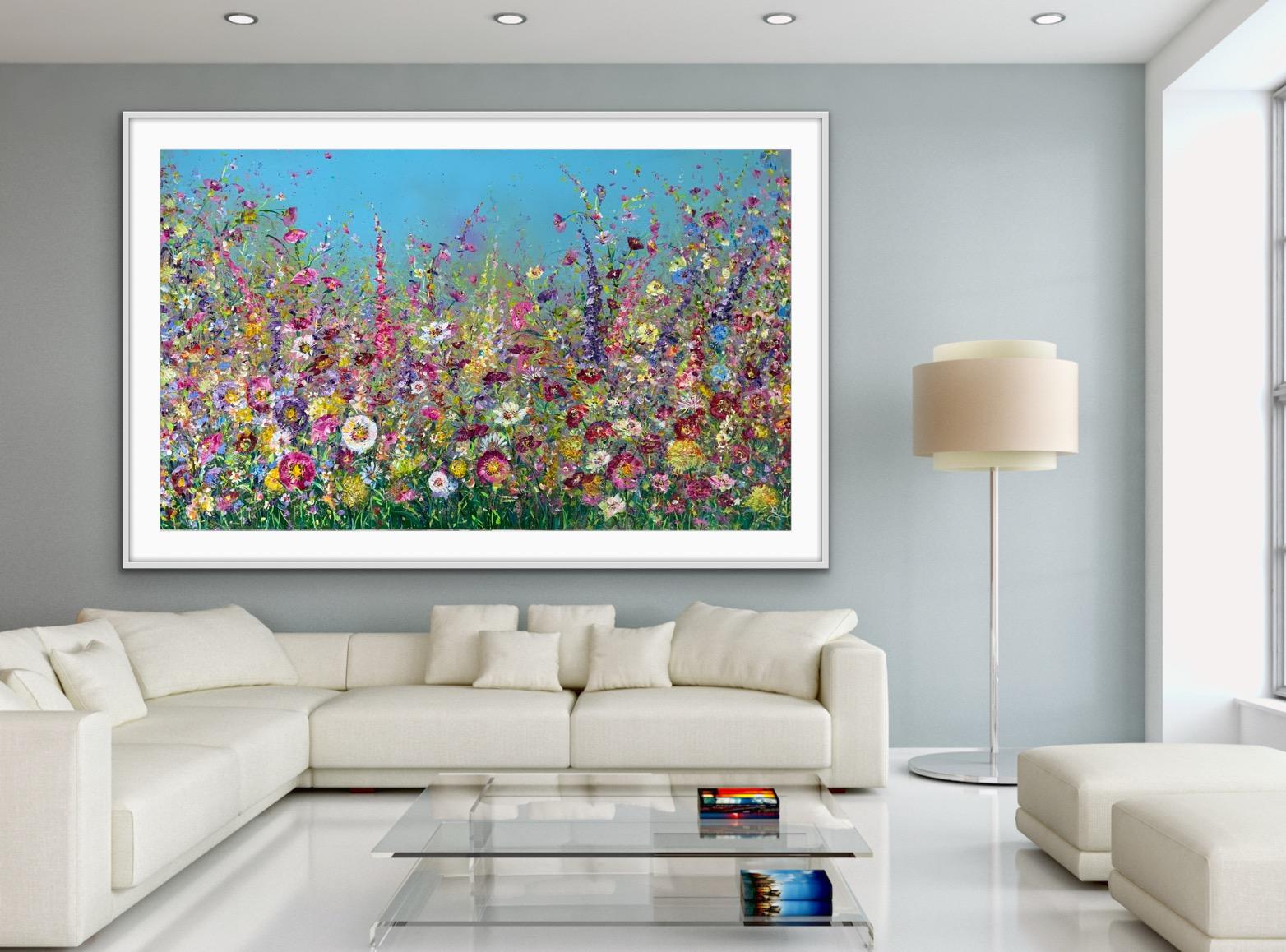 A huge painting that would create an impressive focal point within a large room, flowers upon flowers upon flowers. Textured, tactile and inviting this artwork is packed with energy, joy, enthusiasm and passion for the beauty of a floral garden. I