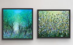 Green Haze Meadow & Carr Mill Bluebells, diptych, original painting, landscape