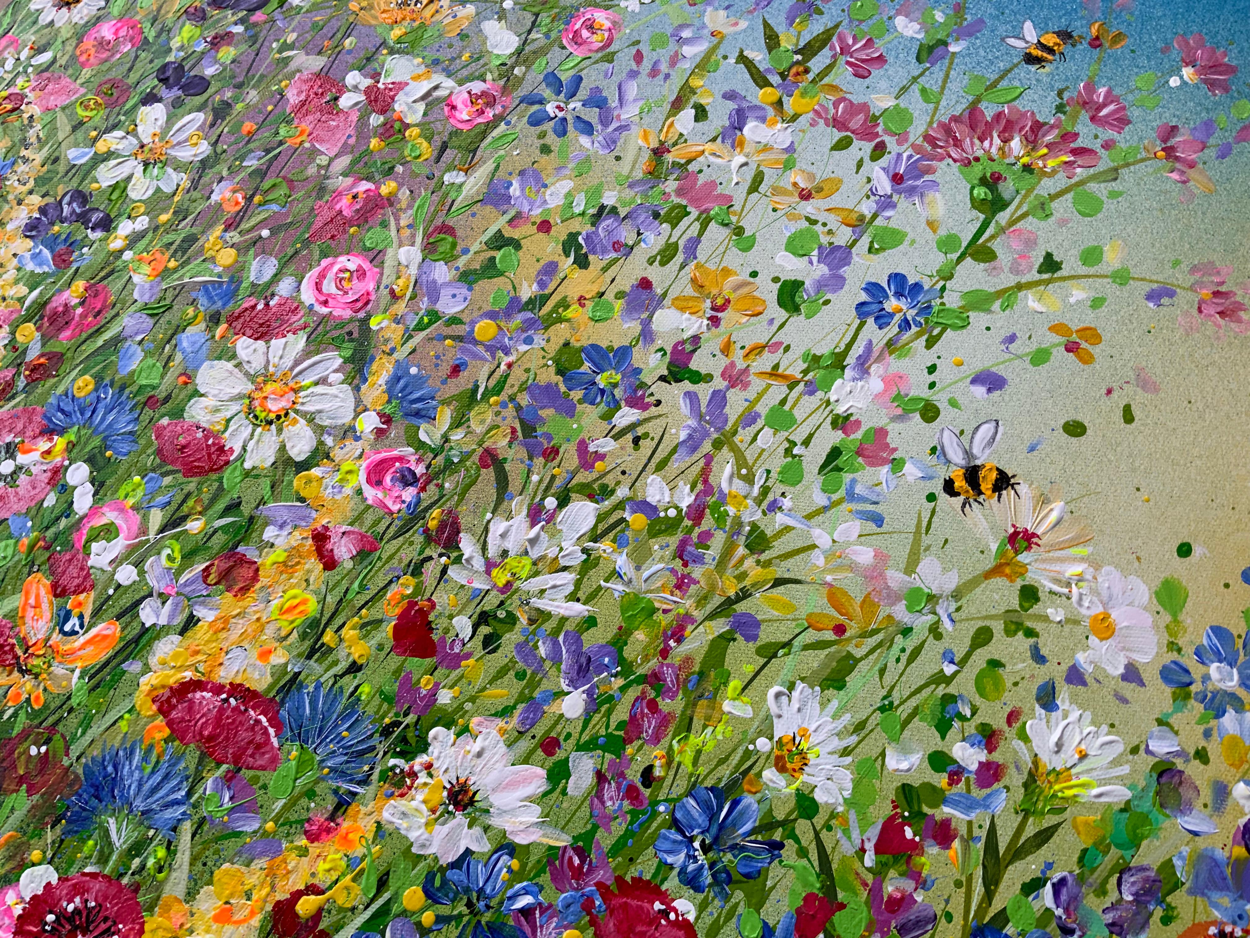Joy of Summer Floral Mead (Jour d'été, peinture originale, fleur, marronnier, paysage en vente 5