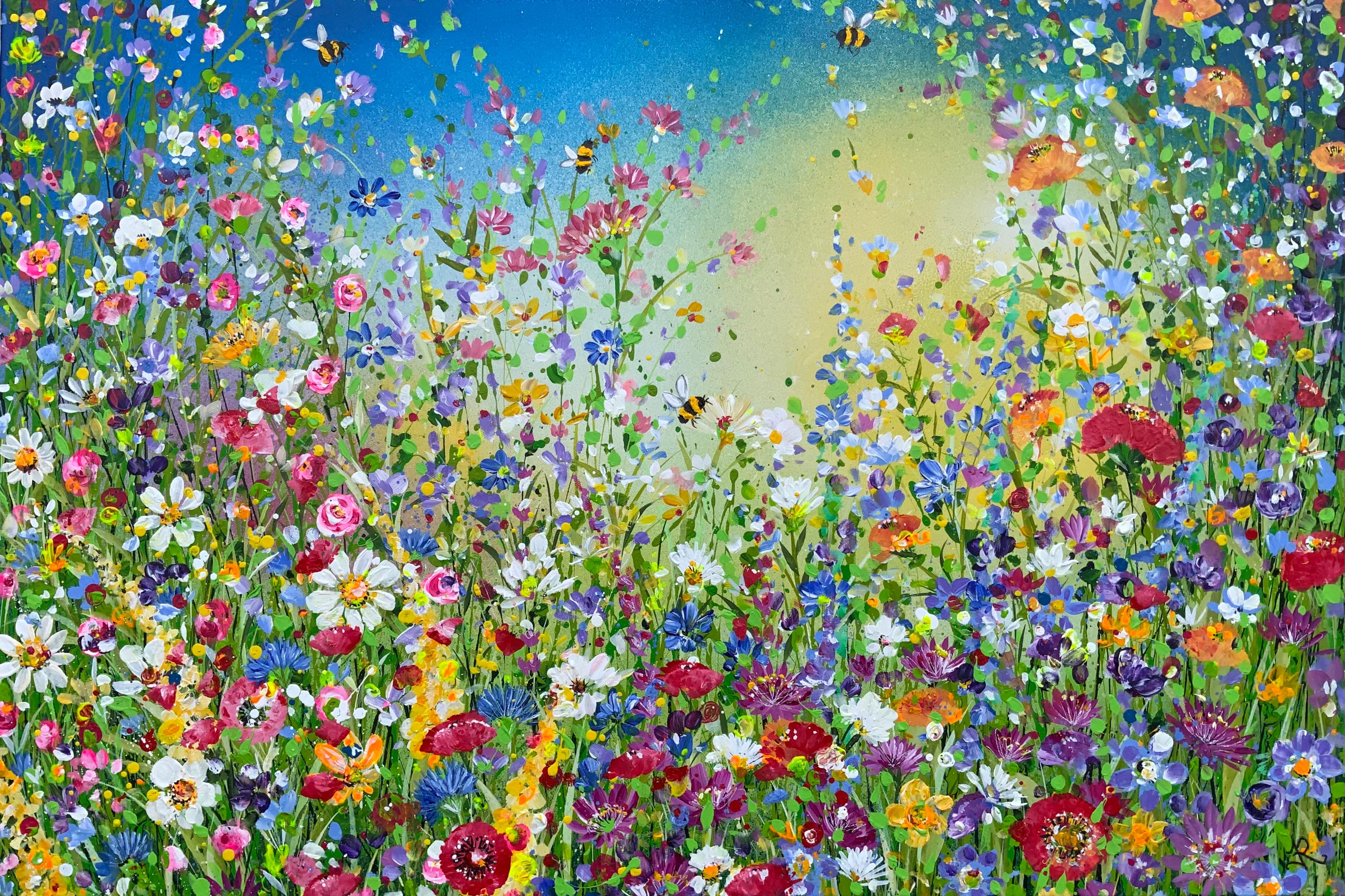 Joy of Summer Floral Mead (Jour d'été, peinture originale, fleur, marronnier, paysage en vente 1