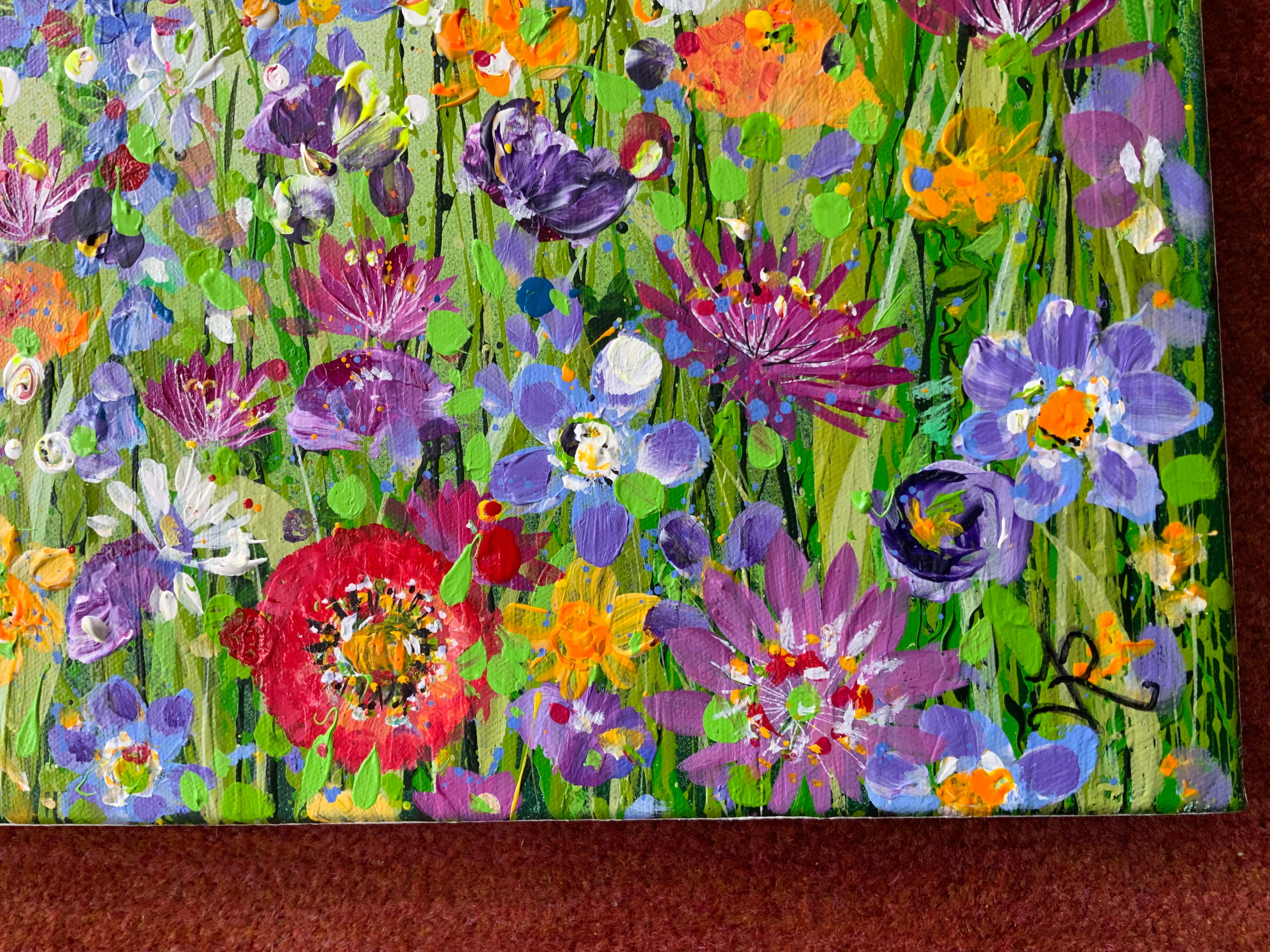 Joy of Summer Floral Mead (Jour d'été, peinture originale, fleur, marronnier, paysage en vente 2