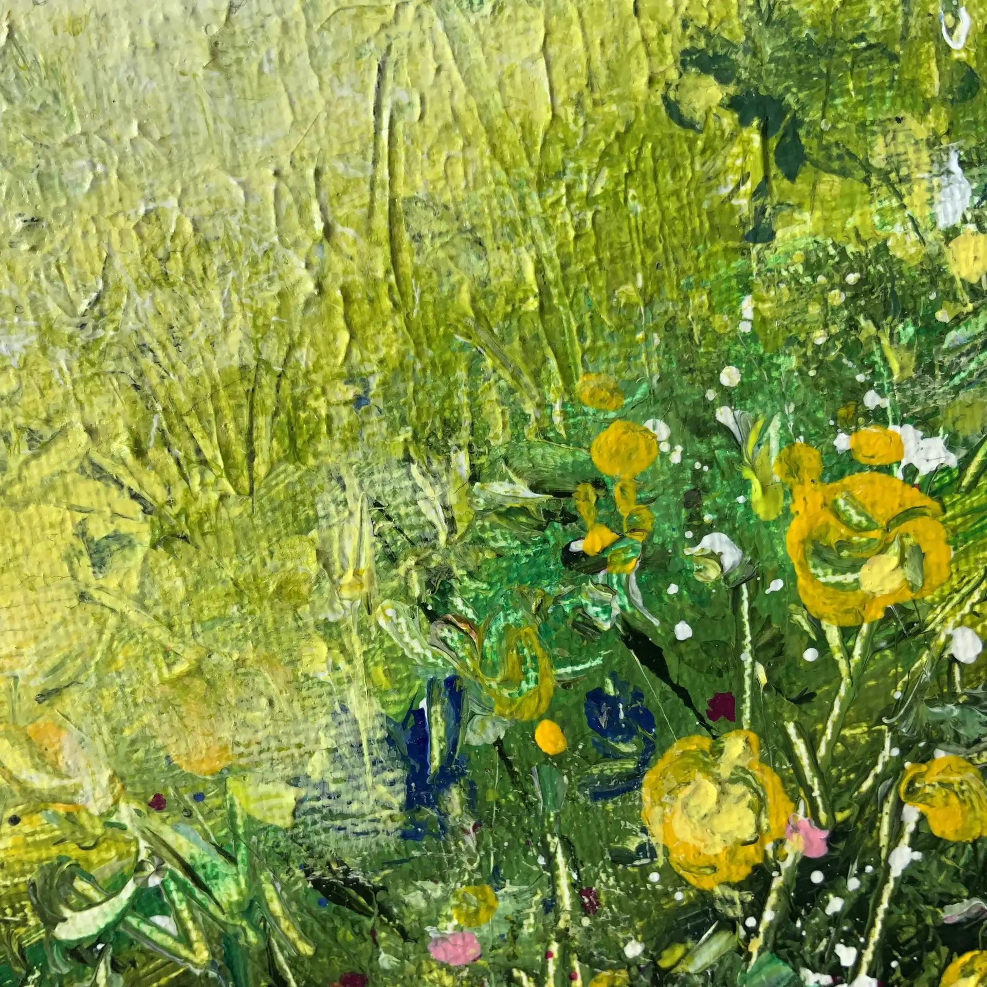 Hedgerow I, art floral, Meadow, peinture de paysage originale du Lancashire - Gris Landscape Painting par Jan Rogers