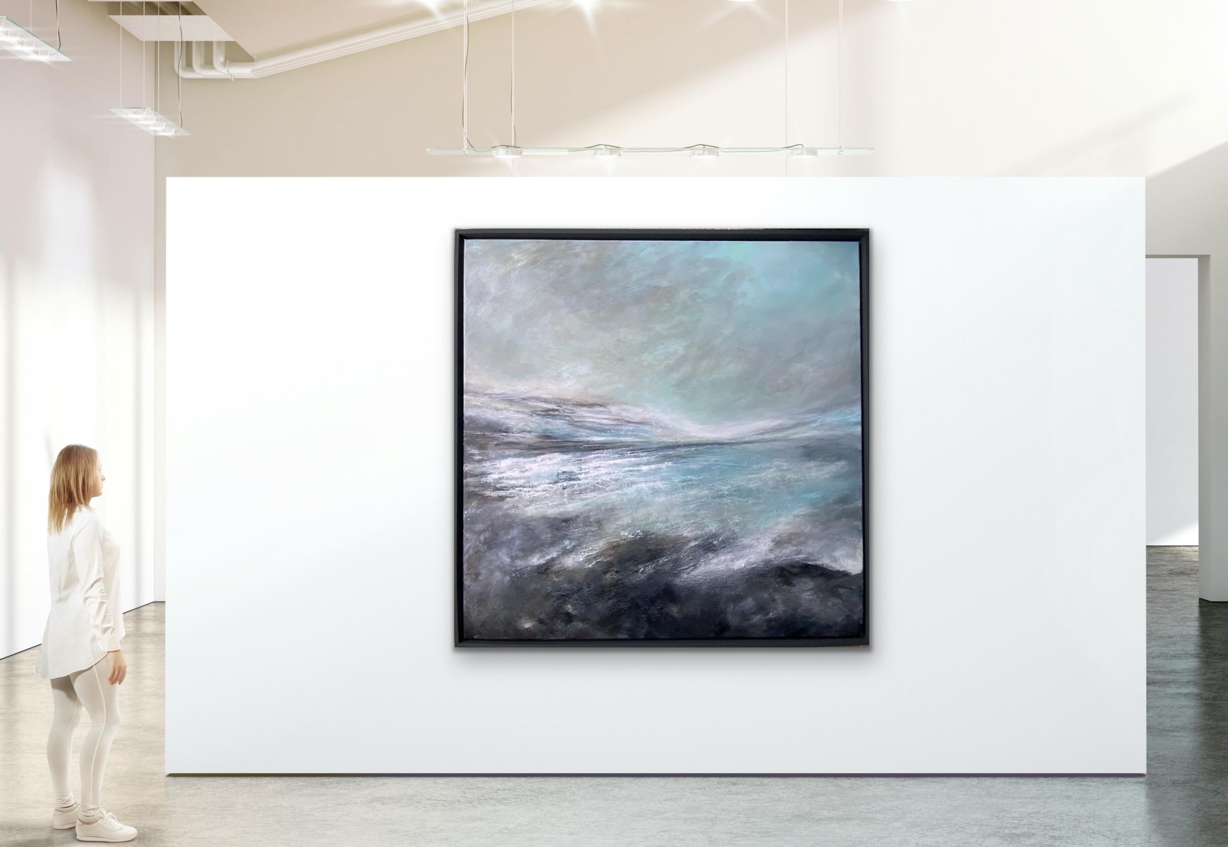 A large Northumberland abstract coastal painting. Inspired by my trips there, the wild and rugged seascape. Thrashing waves and dramatic views where sky meets sea meets land. A mesmerising sight on any day or season. Painted onto a square Loxley