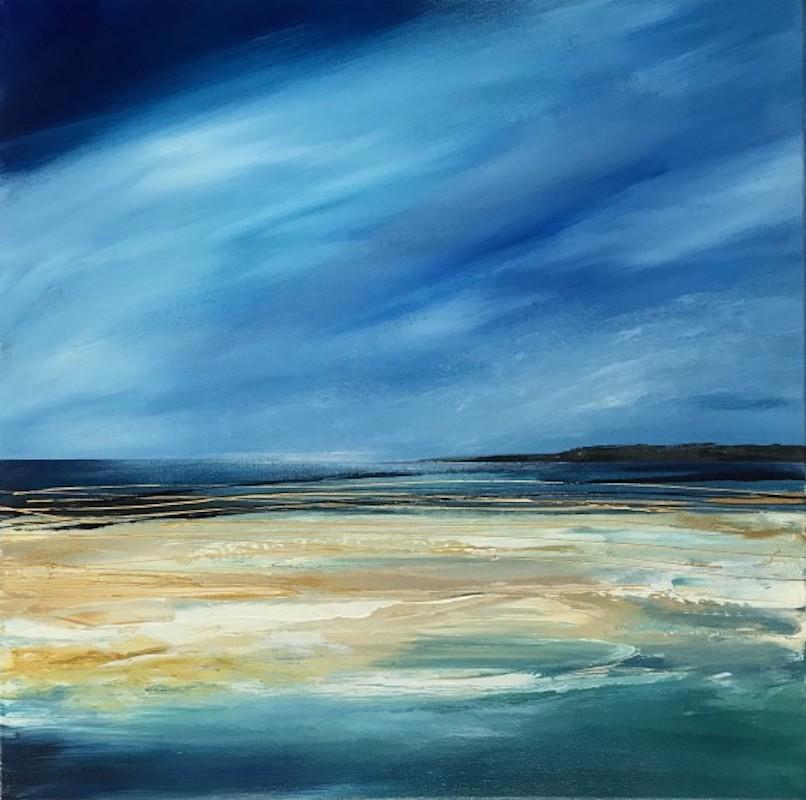 Jan Rogers Landscape Painting - Sky Blue Tenby to Caldey, Original skycape painting