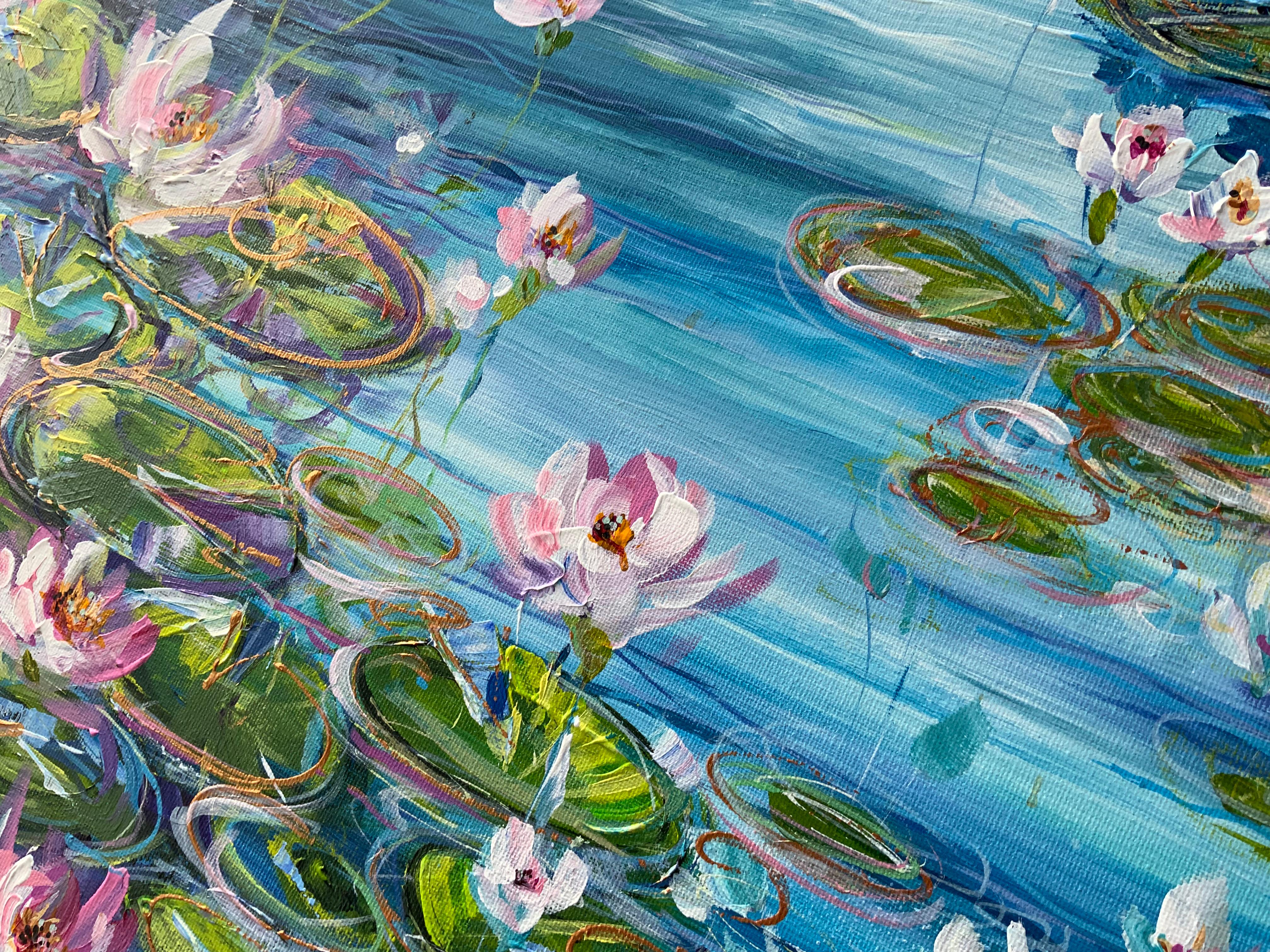 Water Lillies and Abstract Water Lillies, Set of 2, original painting, landscape - Contemporary Painting by Jan Rogers