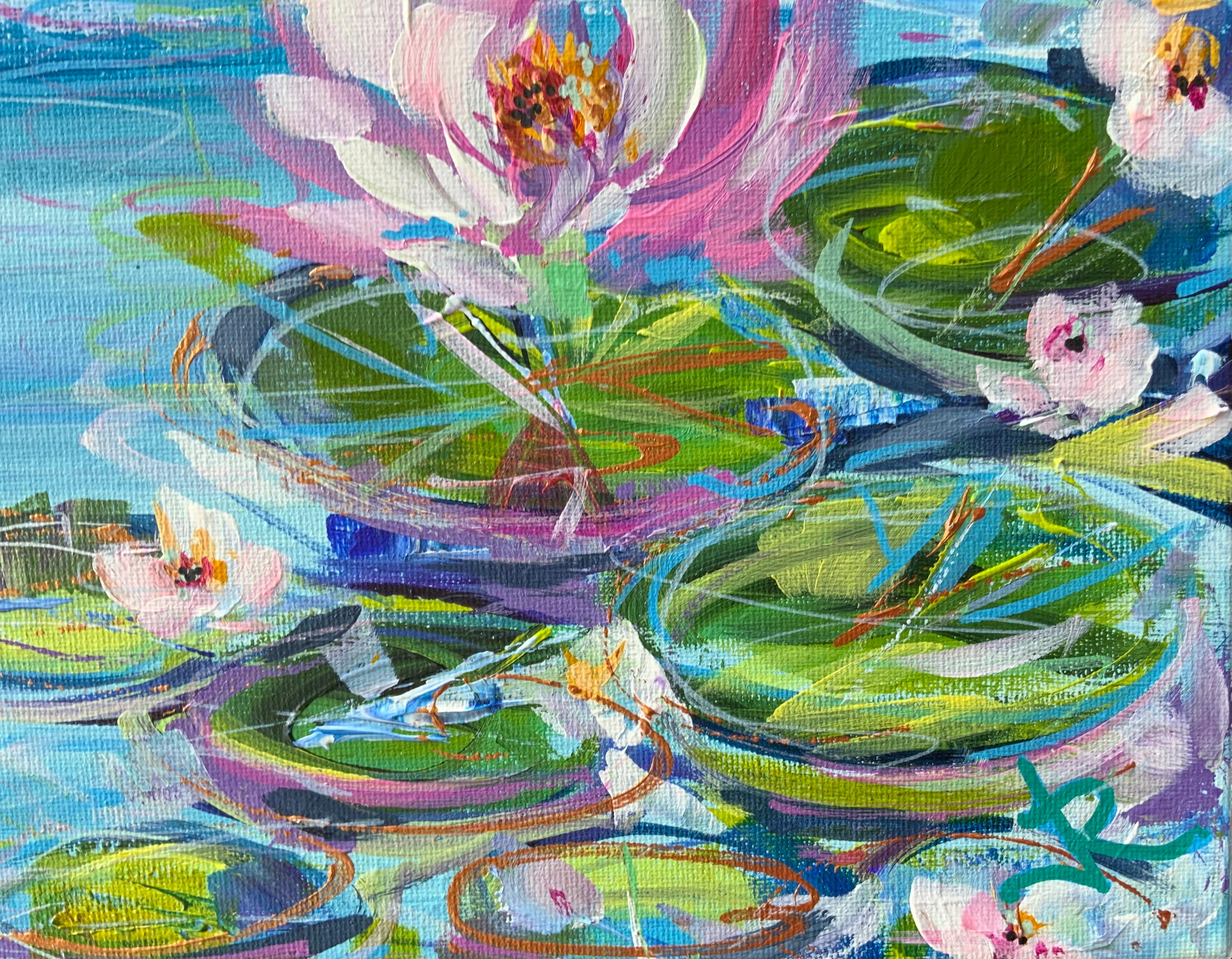 A vibrant Monet inspired expressive and energetic painting. Revisiting the old master and analysing the marks, colour and detail in his paintings. This is my take on the subject with my love of texture, pattern and joyful colour being my focus.