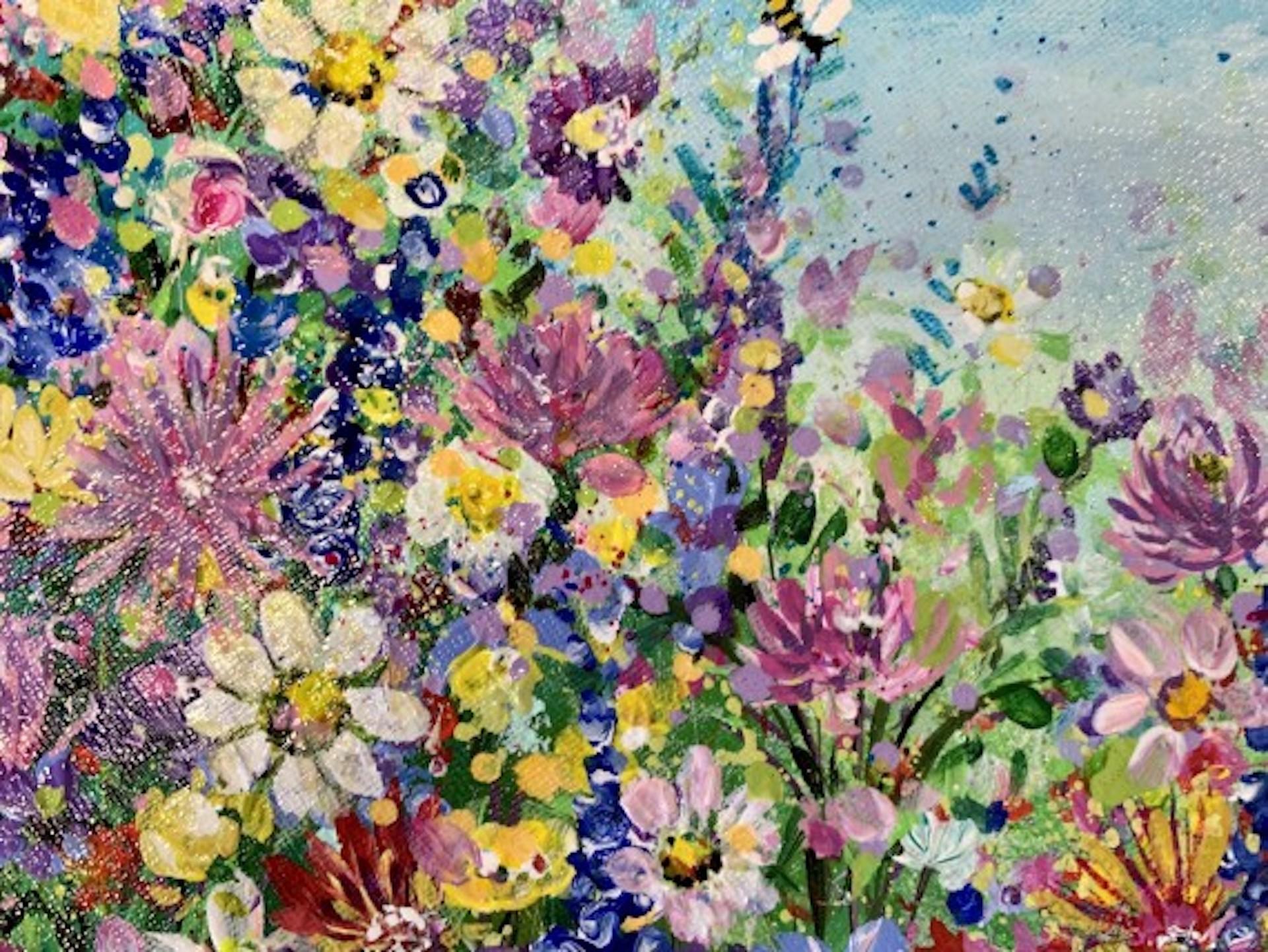 Jardin de fleurs sauvages avec abeilles, peinture originale de Jan Rogers, paysage floral en vente 1