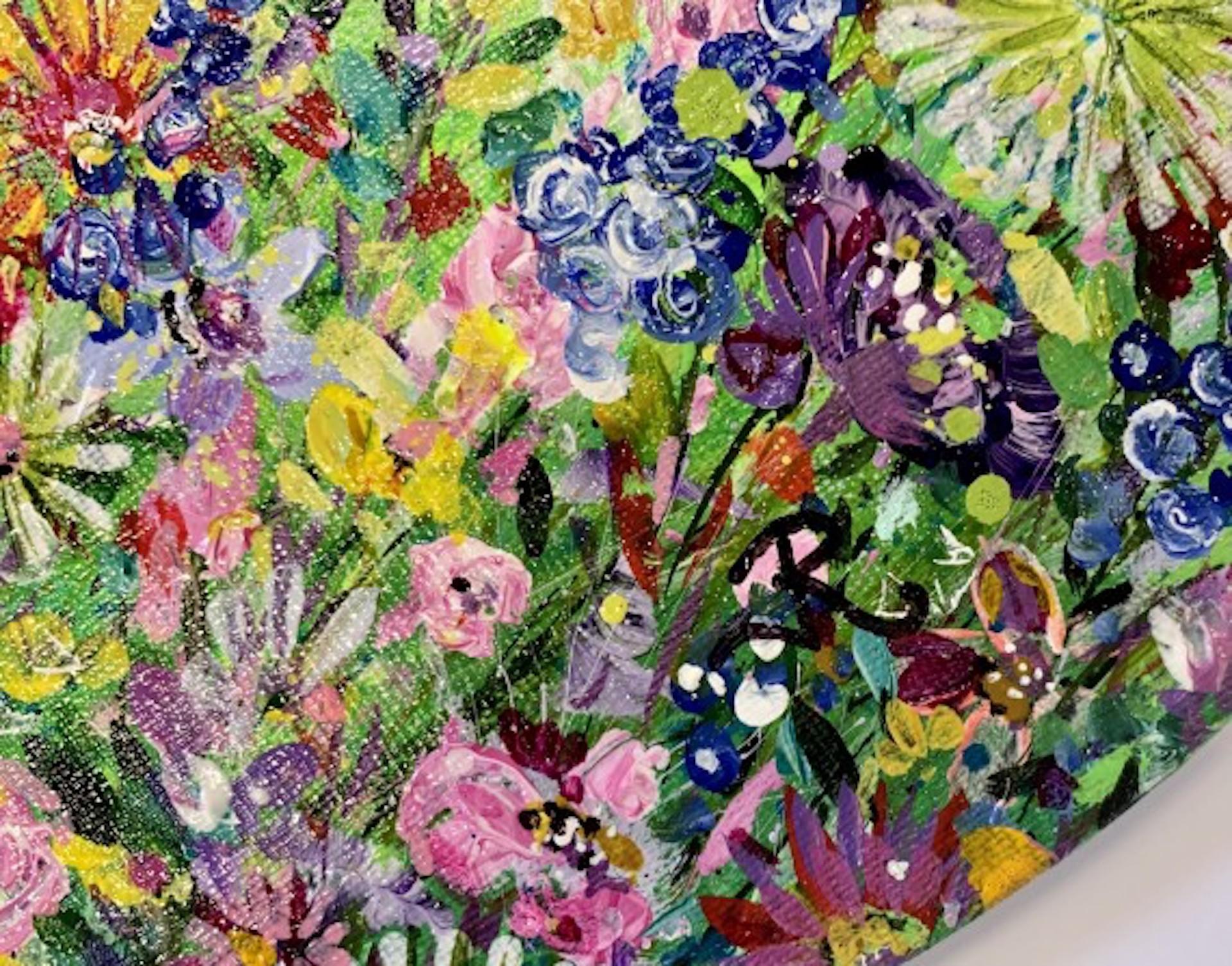 Jardin de fleurs sauvages avec abeilles, peinture originale de Jan Rogers, paysage floral en vente 3
