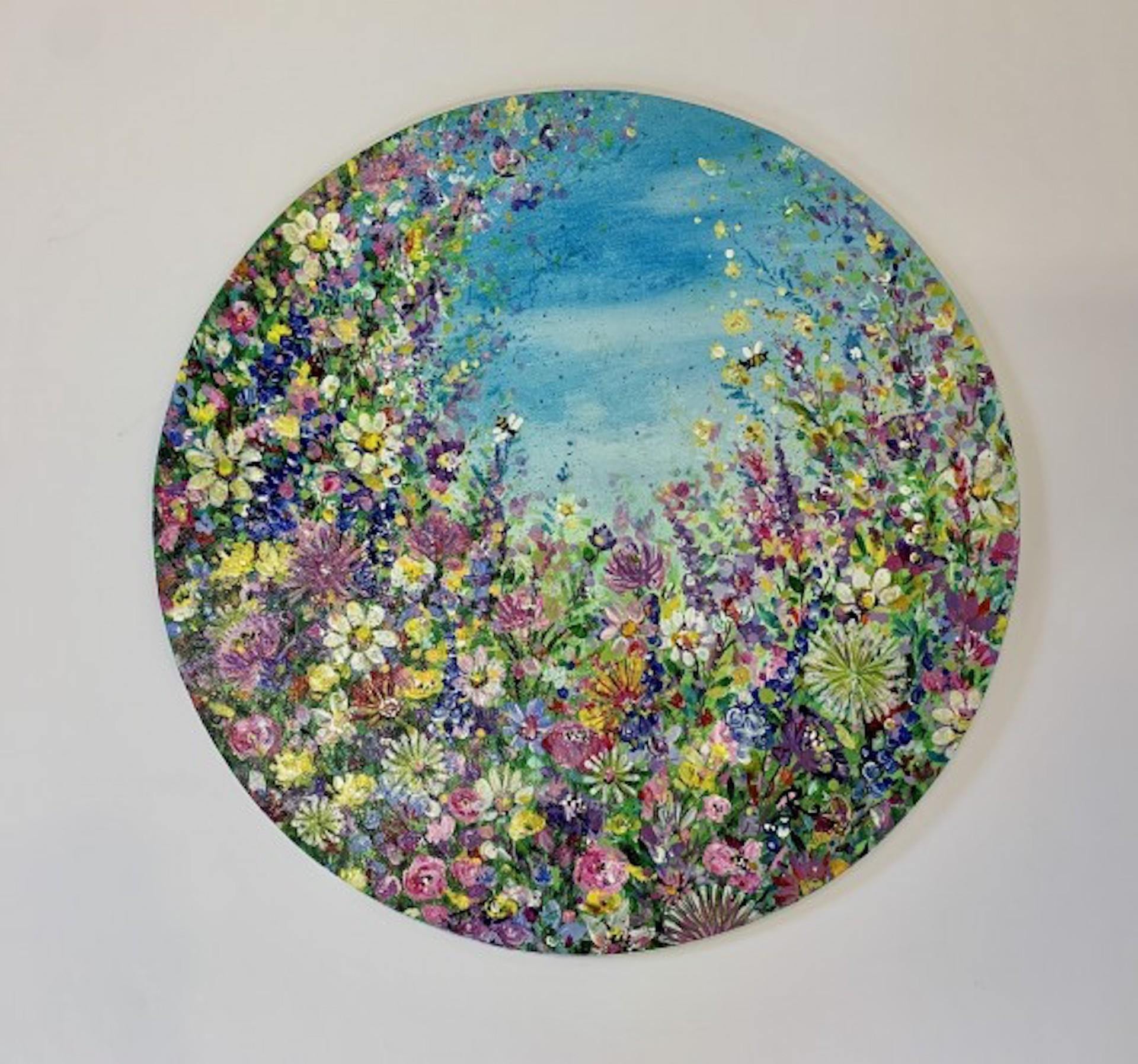 Jardín de flores silvestres con abejas, Jan Rogers, Pintura original, Paisaje floral en venta 4