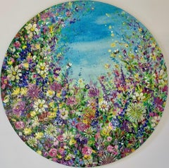 Wild Flower Garden With Bees, Jan Rogers, Original Painting, Floral Landscape