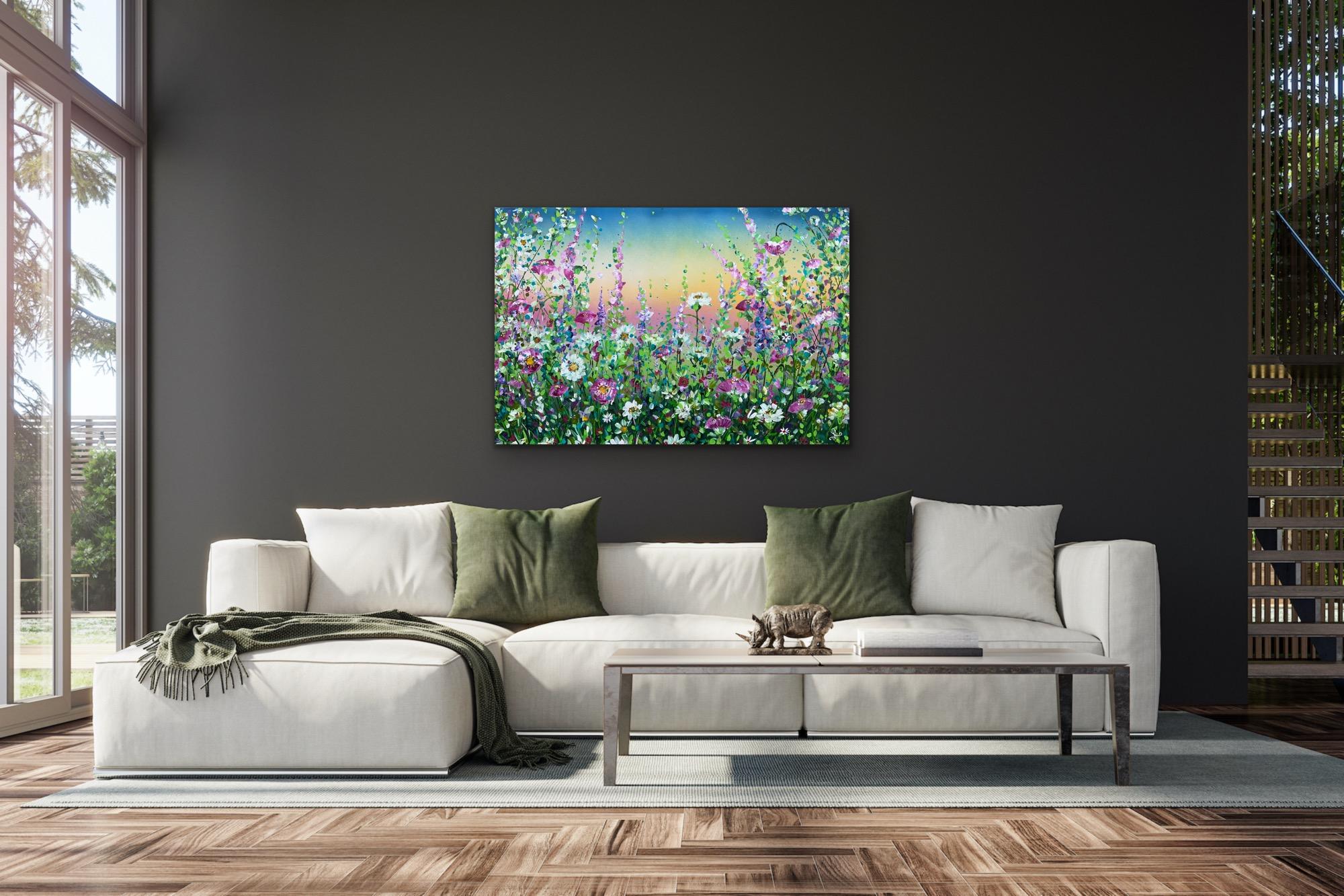 Wild Poppies  at Sunset, Original painting, Floral, Meadow, Landscape painting - Painting by Jan Rogers