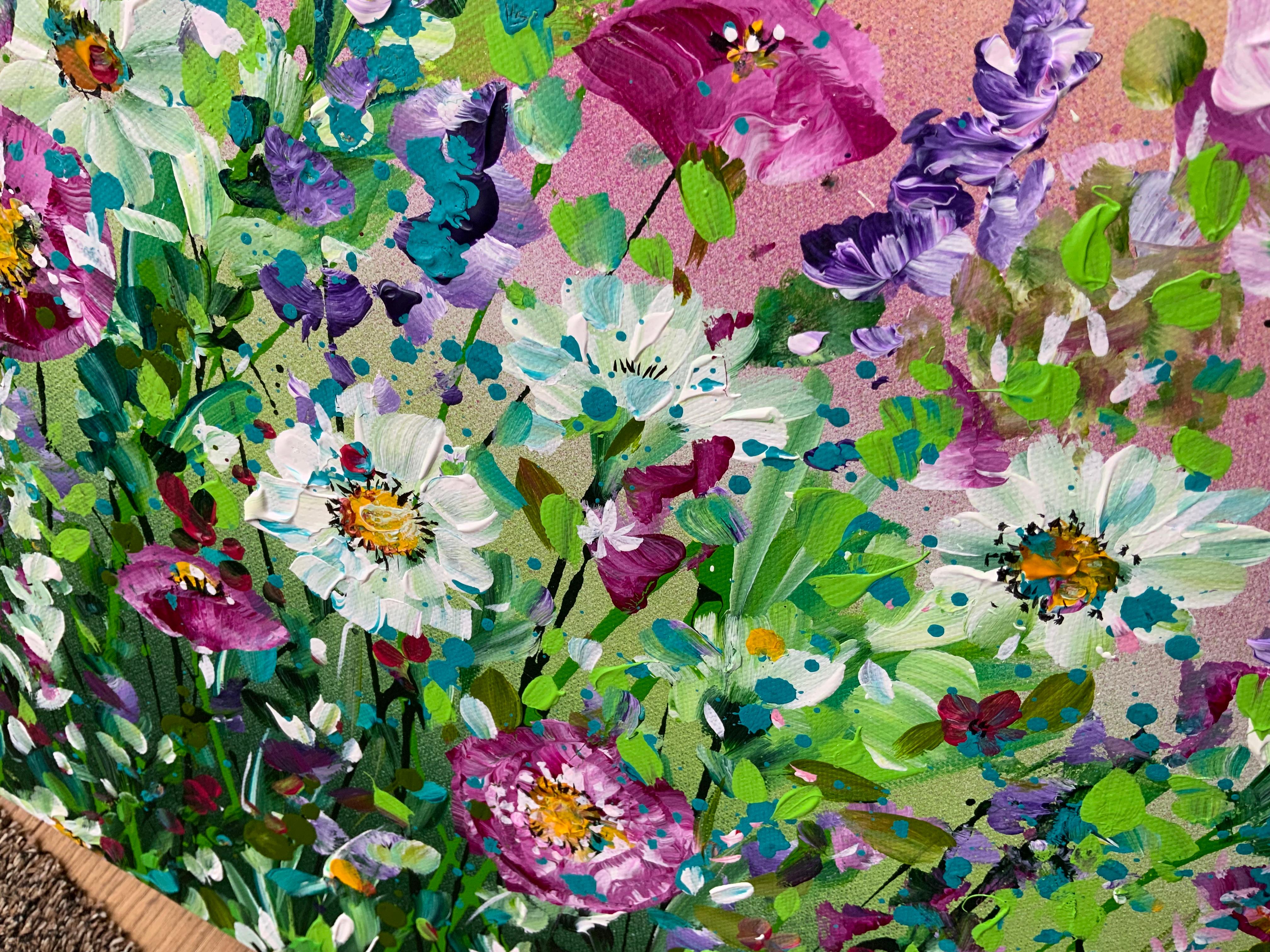 Coquelicots sauvages  Peinture originale, florale, moisson, paysage - Gris Abstract Painting par Jan Rogers