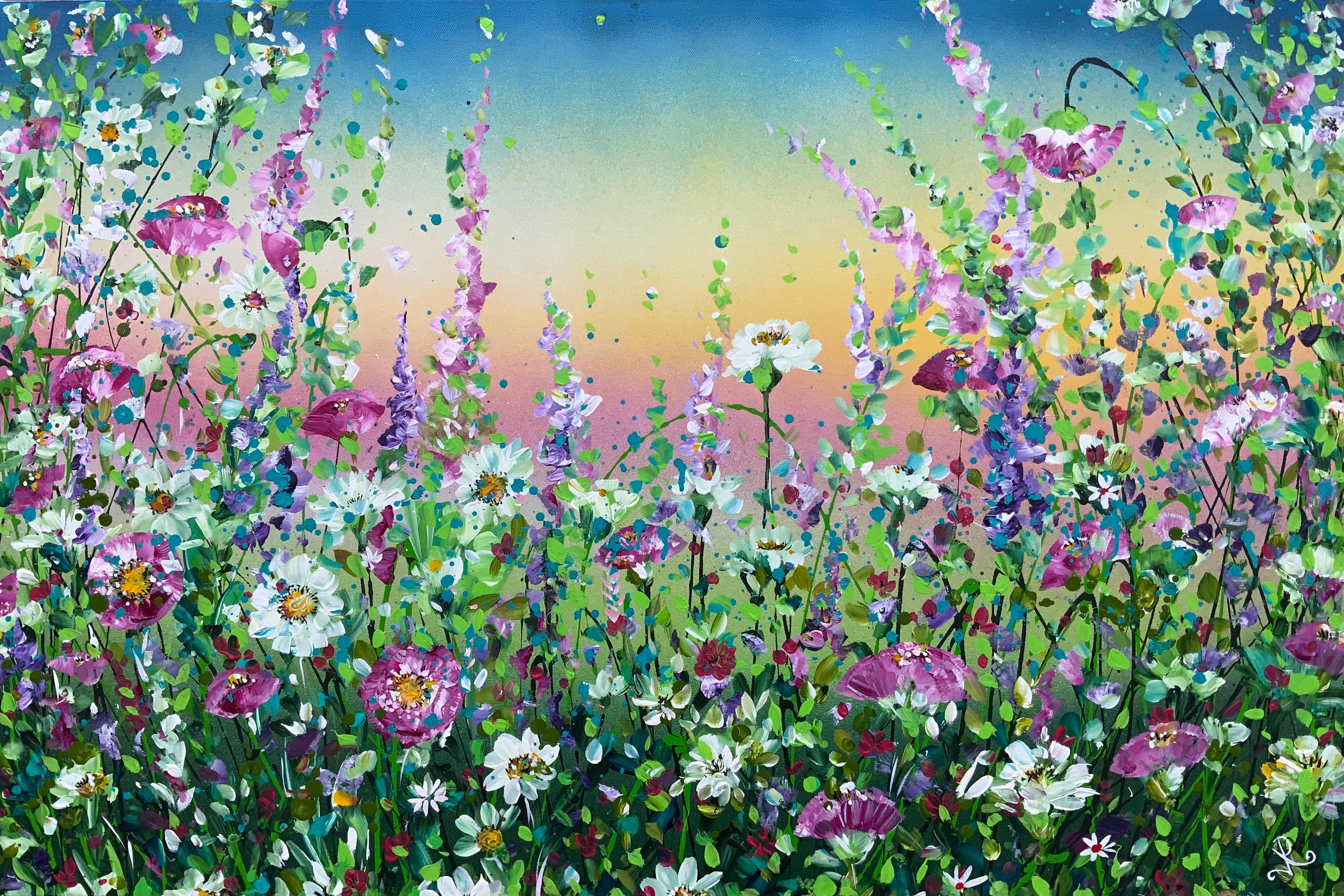 Abstract Painting Jan Rogers - Coquelicots sauvages  Peinture originale, florale, moisson, paysage