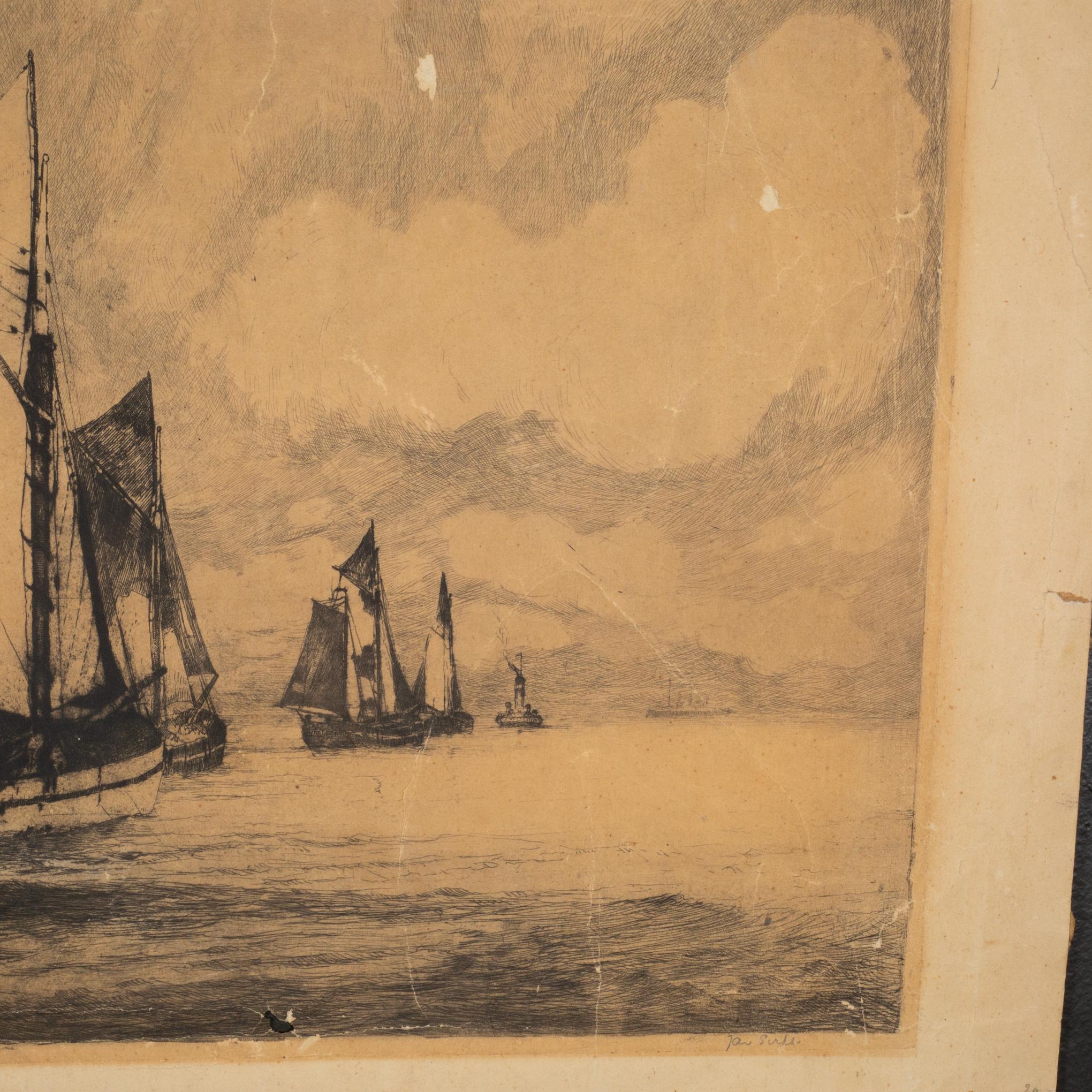 Victorian Jan Sirks, Rotterdam Port, Etching on Paper, Signed, 1912 For Sale