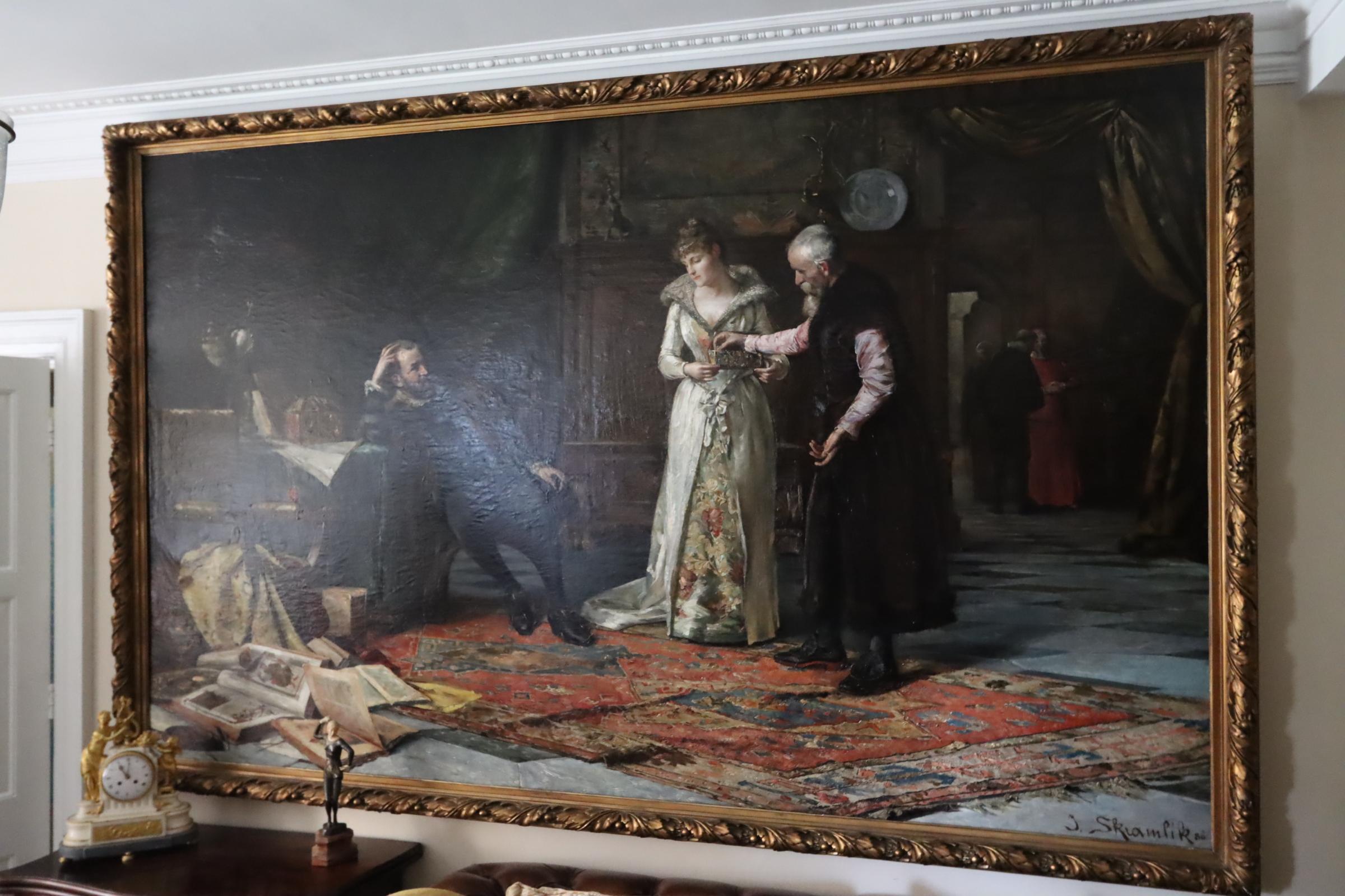 Jan Skramlik (1860-1936), Negotiating the dowry, oil on canvas, 1886, signed and dated, c. 282 x 178 cm, with frame approx. 292x194 cm.

This is a beautiful example by Jan, its sheer proportions show off his artistic nature.

The Czech artist Jan