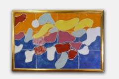 1960s Jan Snoeck Ceramic Tile Art, Primary Colors, Gold Frame