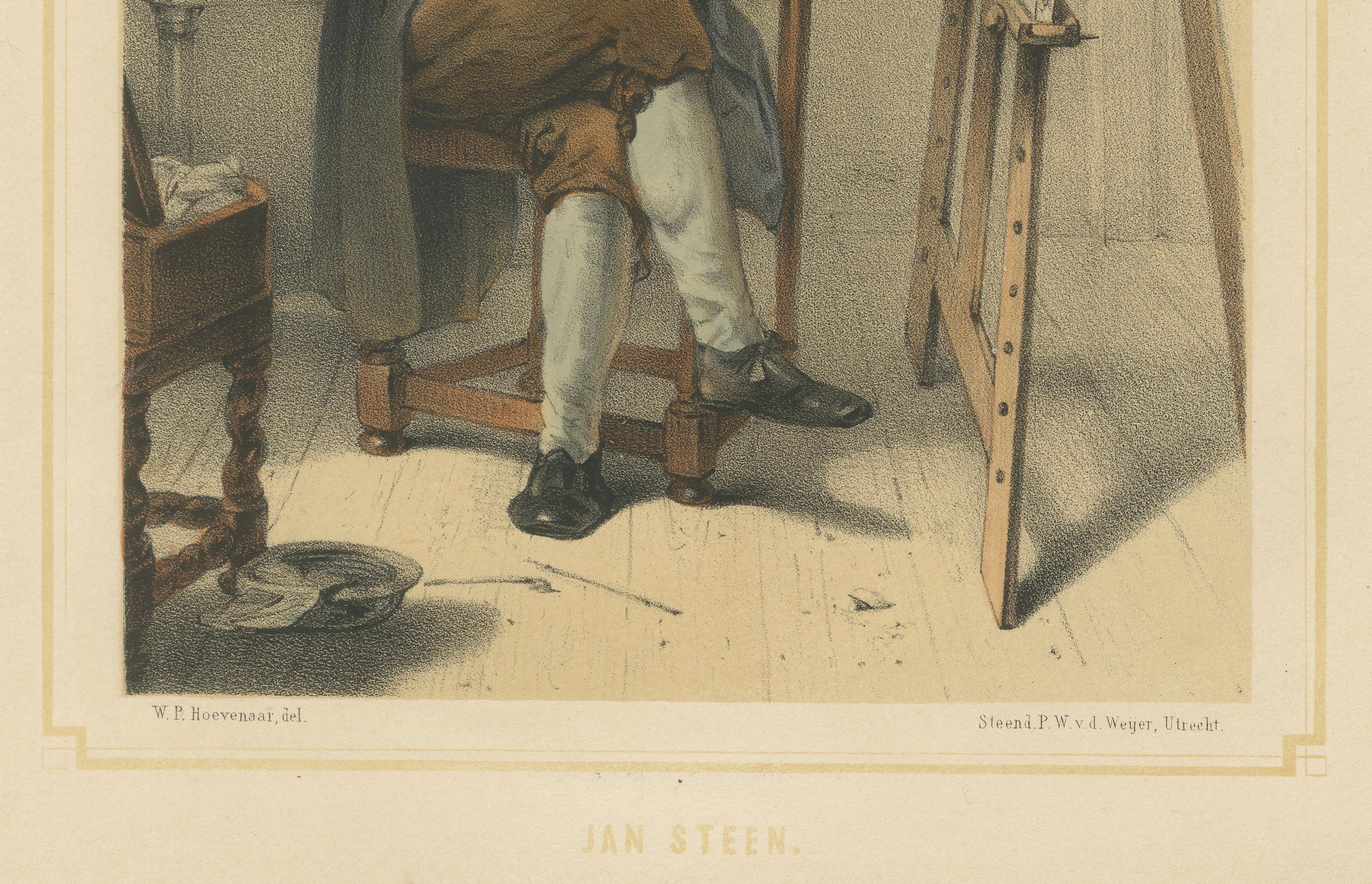 Jan Steen - Niederländischer Genremaler bei der Arbeit, handkolorierte Lithographie aus dem 19.

Diese handkolorierte Lithografie aus dem 19. Jahrhundert zeigt Jan Steen, einen der beliebtesten Maler des Goldenen Zeitalters der Niederlande, der für
