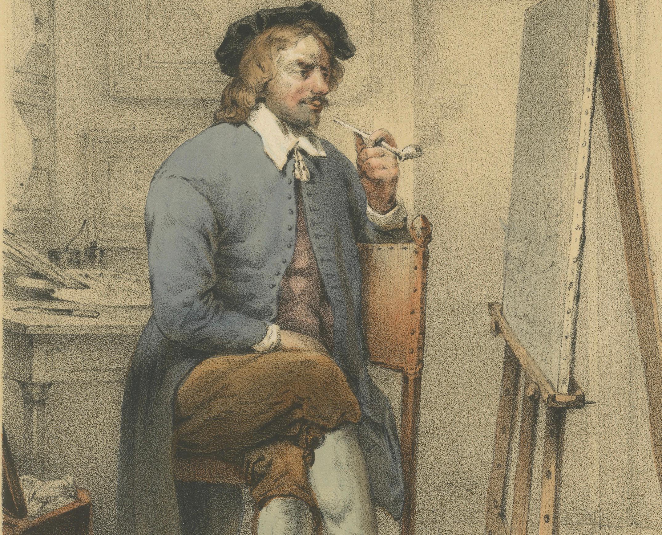 Jan Steen - Niederländischer Genremaler bei der Arbeit, handkolorierte Lithographie aus dem 19. im Zustand „Gut“ im Angebot in Langweer, NL