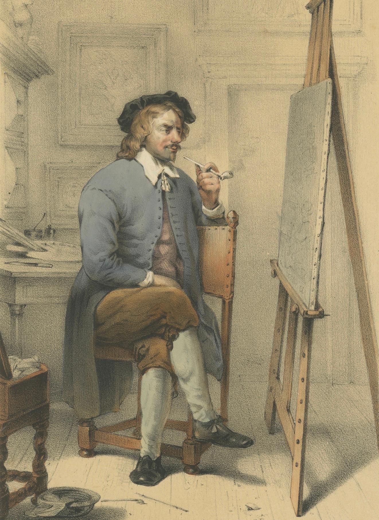 Jan Steen - Niederländischer Genremaler bei der Arbeit, handkolorierte Lithographie aus dem 19. (Papier) im Angebot