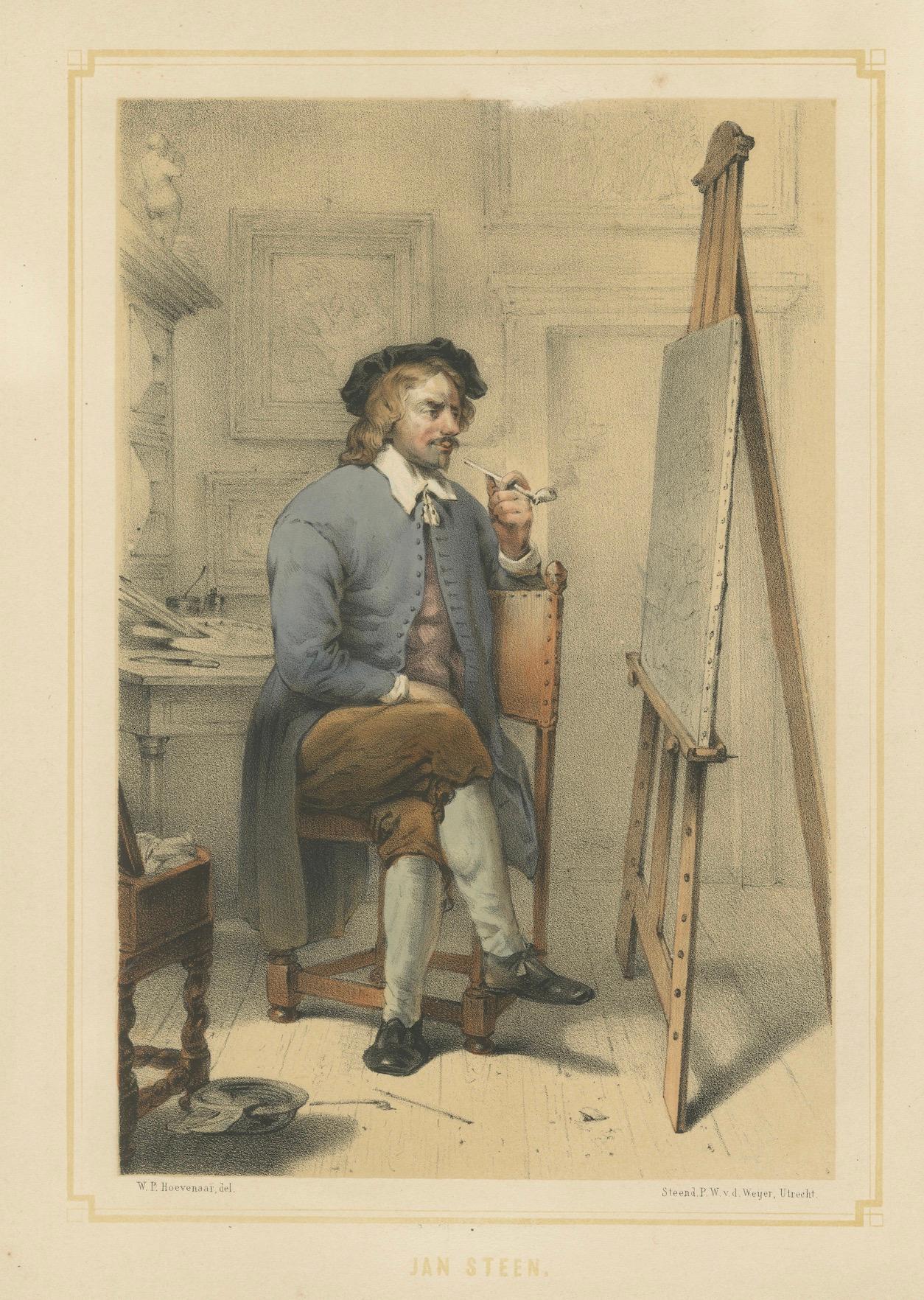 Jan Steen - Niederländischer Genremaler bei der Arbeit, handkolorierte Lithographie aus dem 19. im Angebot 1