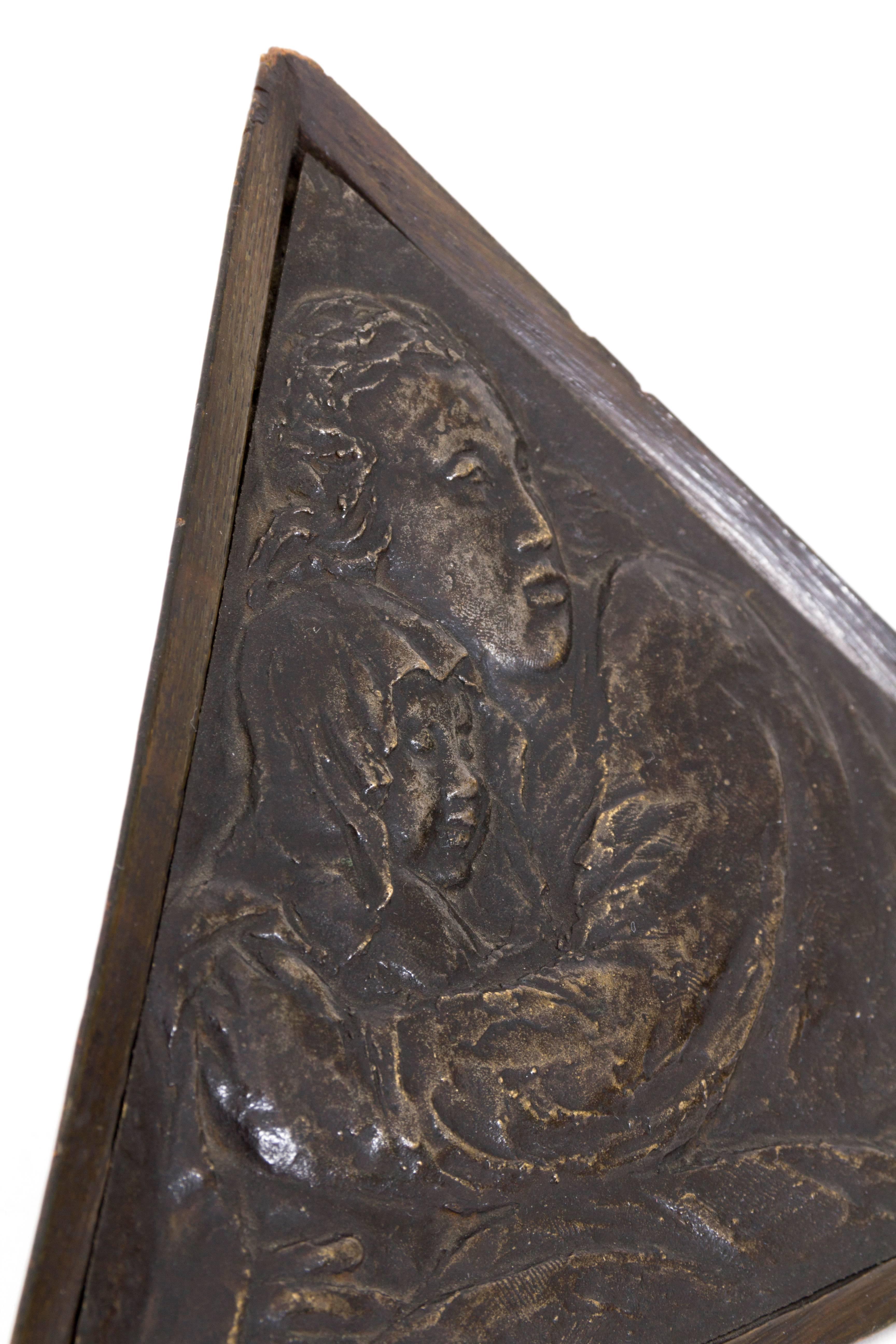 Mutter und Kind (Mother and Child) - Bronze, Relief, Triangular, Wooden Frame - Sculpture by Jan Stursa