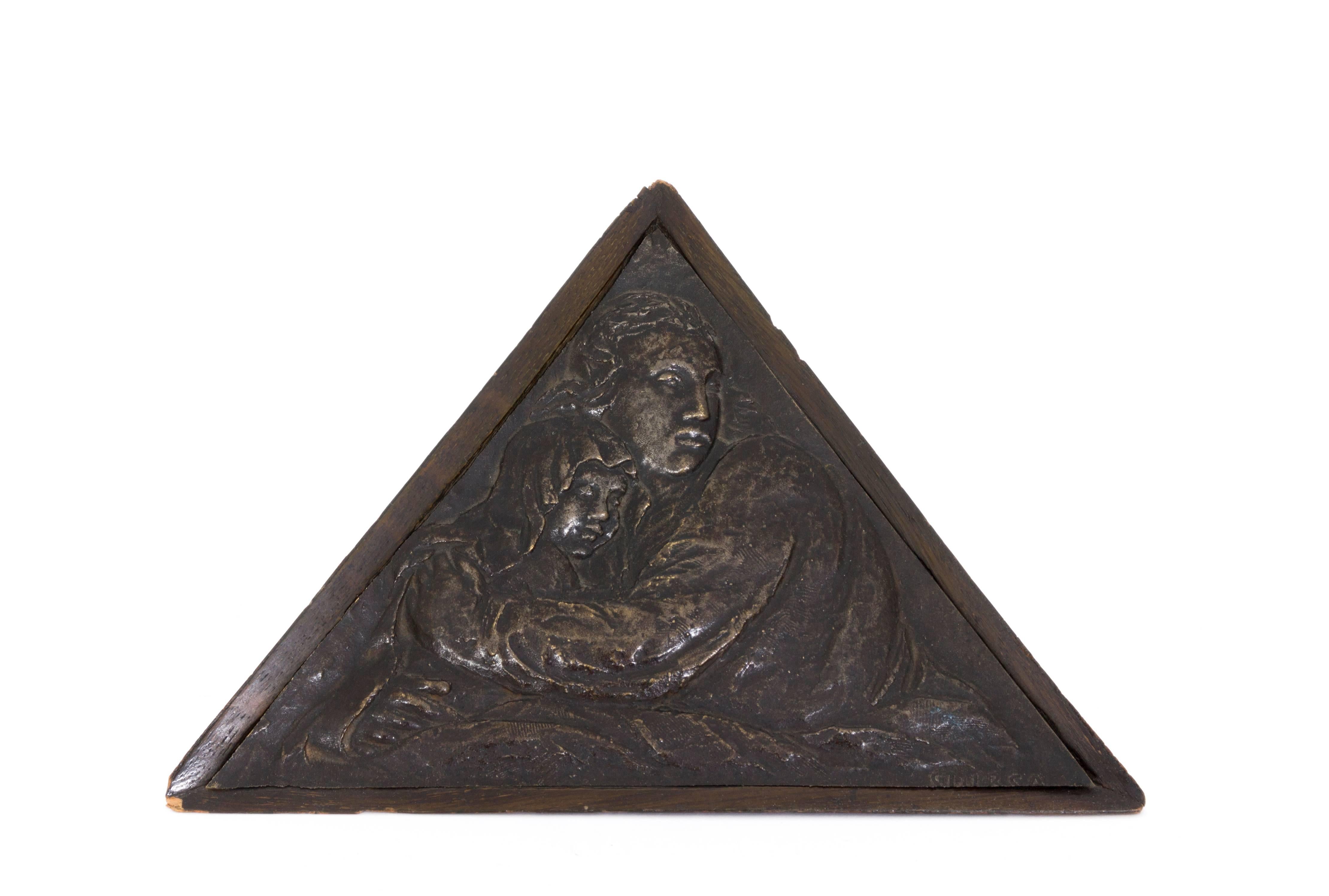 Jan Stursa Figurative Sculpture - Mutter und Kind (Mother and Child) - Bronze, Relief, Triangular, Wooden Frame