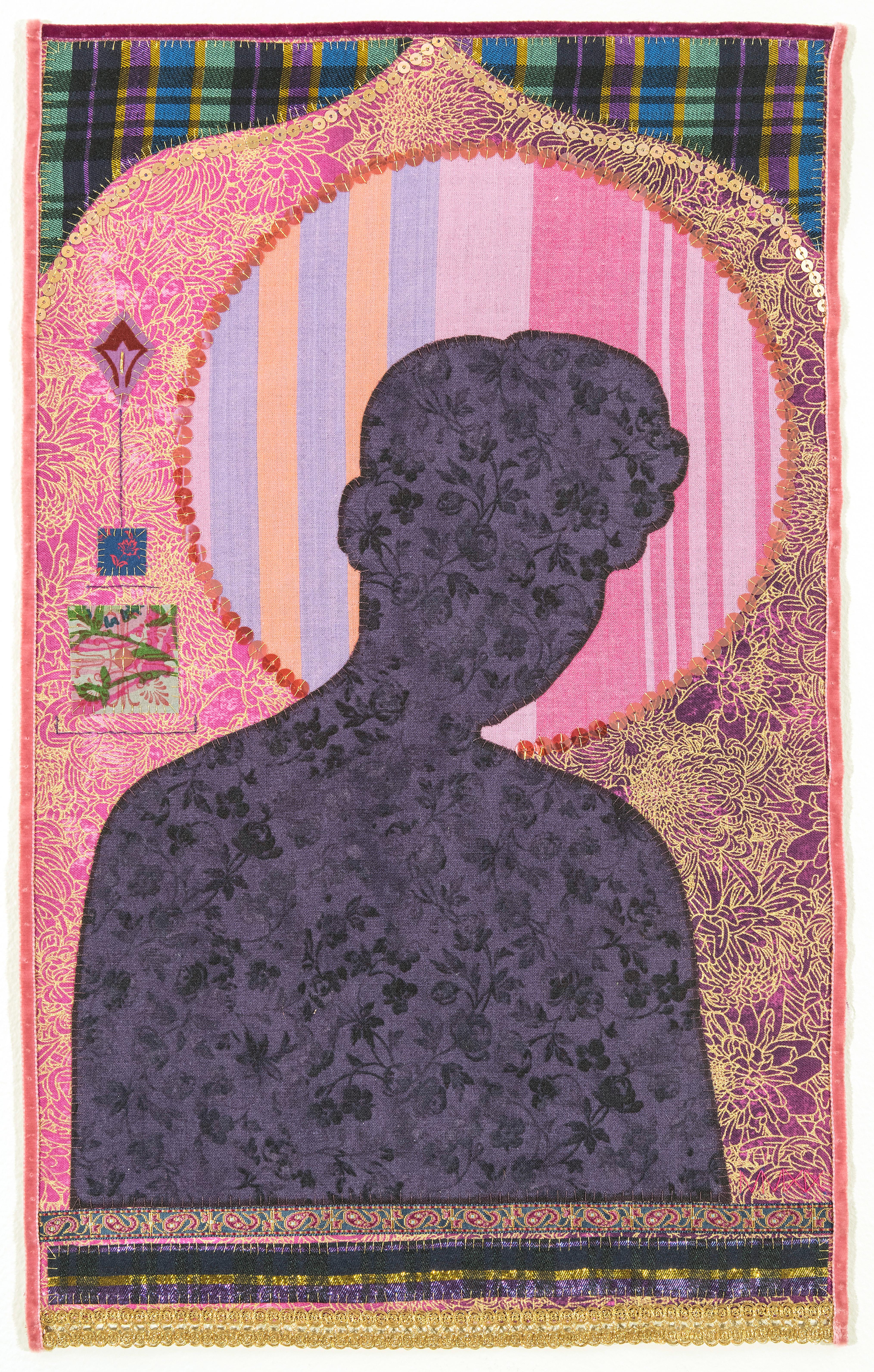 Untitled MM11, silhouette, motif, textile, icône, violet, rose, or