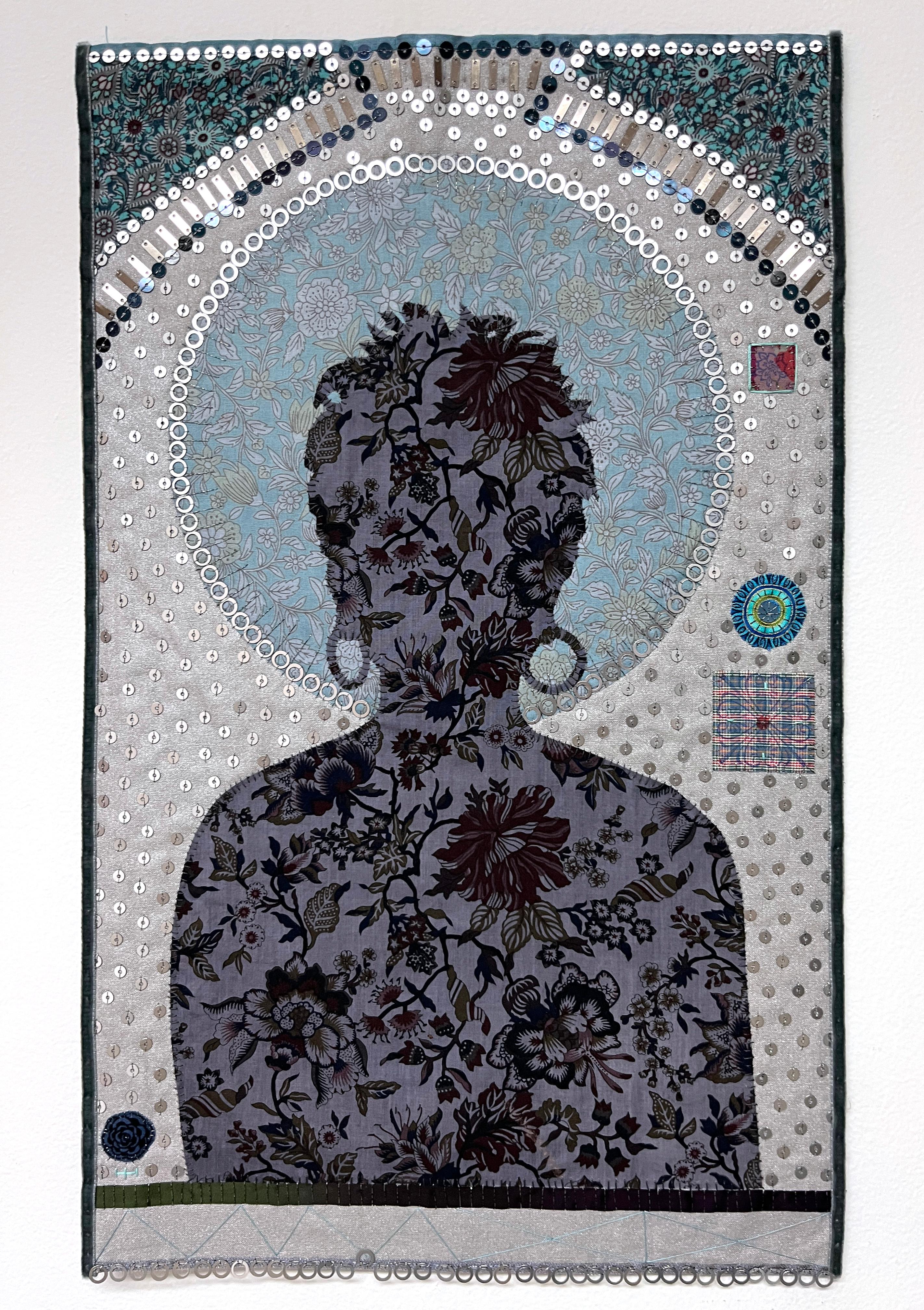 Untitled MM7, gray, blue, patterned, textile, figure, silhouette, icon - Sculpture by Jan Testori - Markman