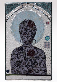 Untitled MM7, gray, blue, patterned, textile, figure, silhouette, icon