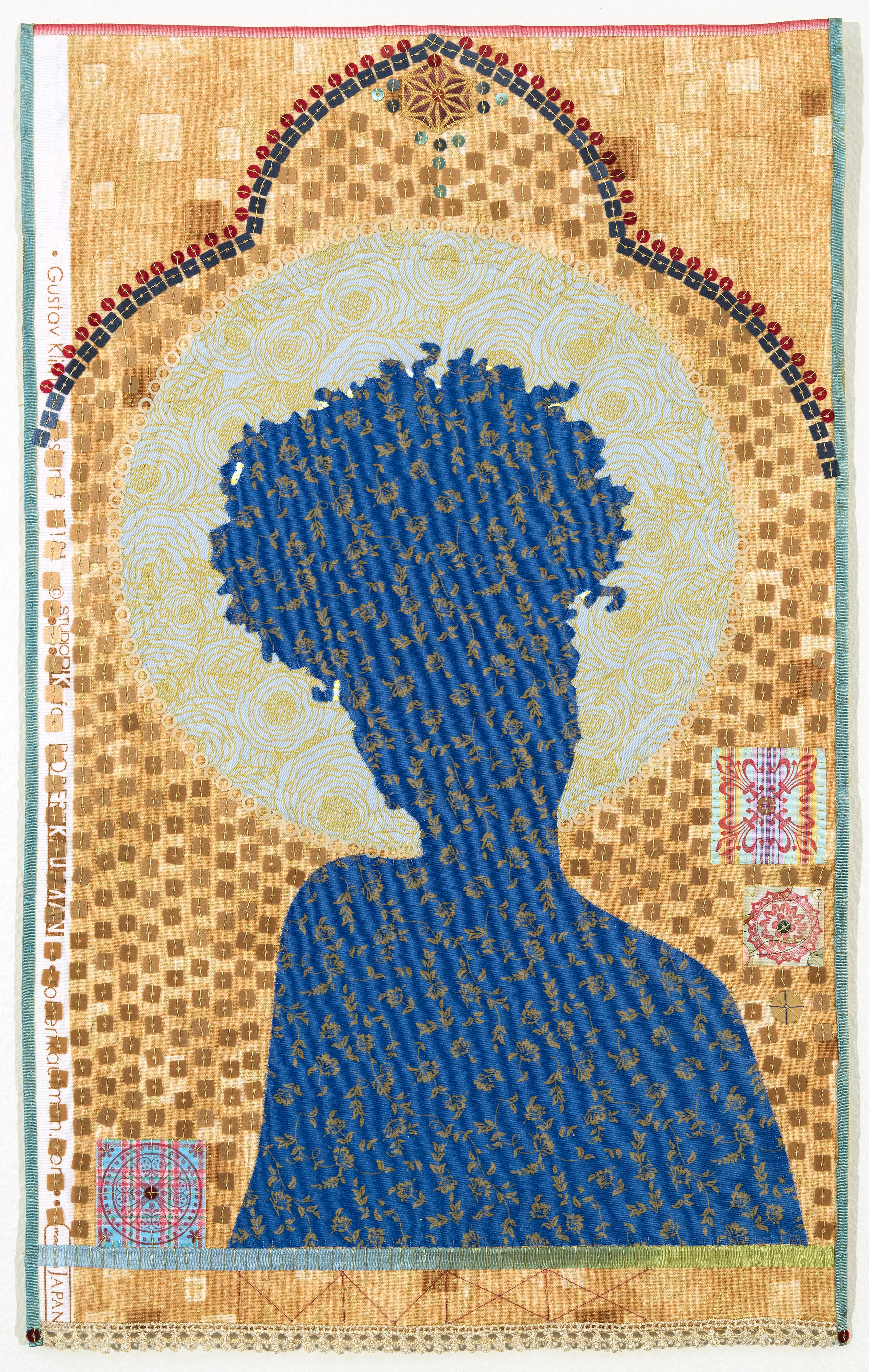 Jan Testori - Markman Figurative Sculpture – Unbenannt MM9, Silhouette, Muster, Textil, Symbol, Gold, Blau, Rot