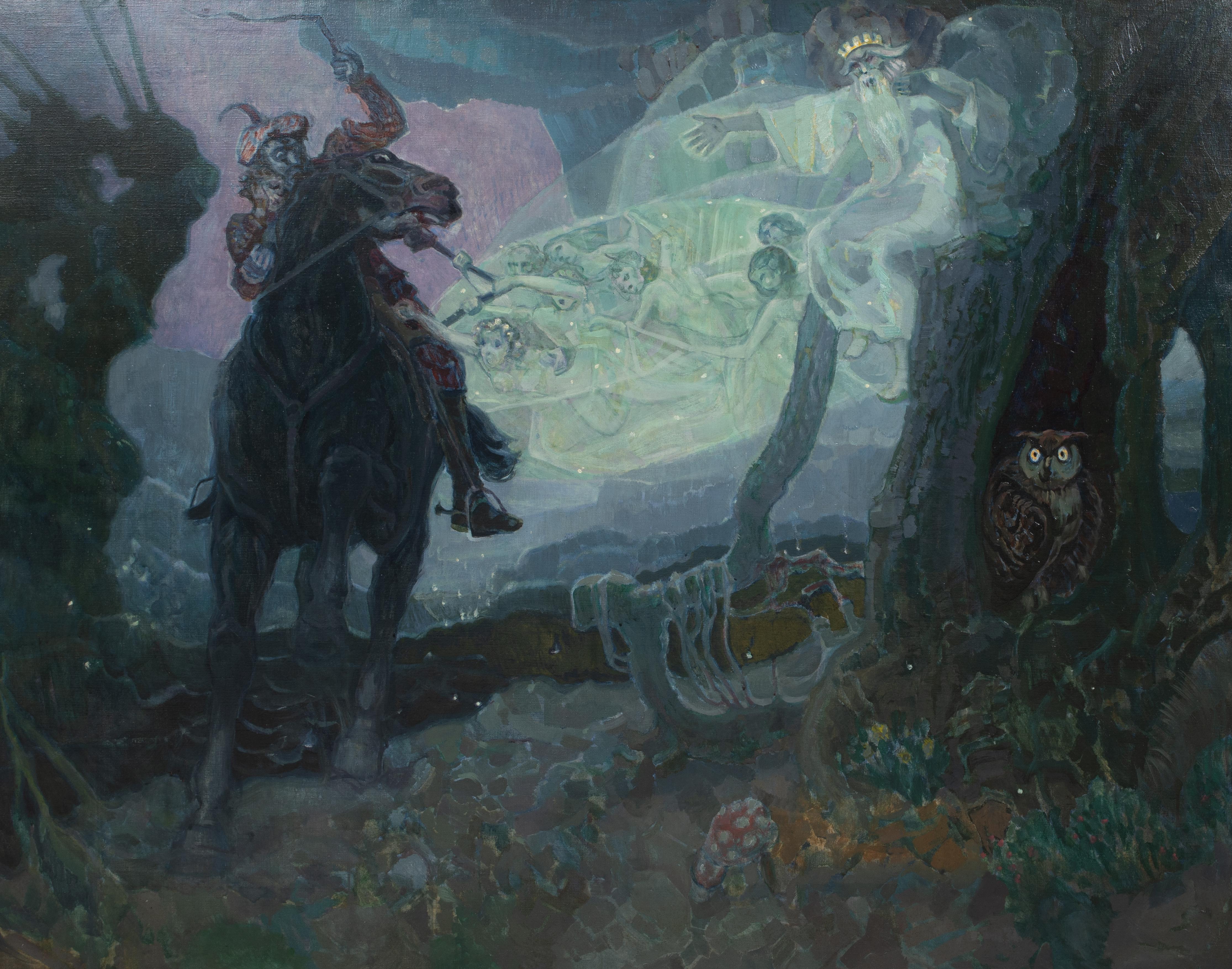 The Erlkönig by Johann Wolfgang Von Goethe, circa 1900

school of JAN TOOROP (1858-1928)

Huge circa 1900 Symbolist scene from Goethe's poem The Erlkönig, oil on canvas. Excellent quality and condition scene as the King of The Fairies attempting to