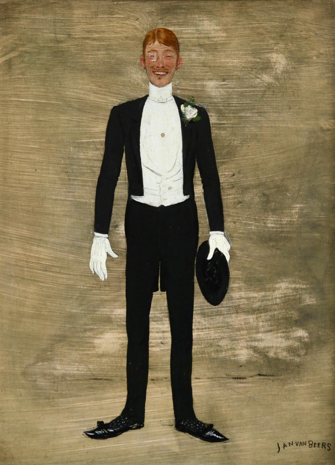 Oil on panel by Belgian painter Jan Van Beers depicting a smiling, elegant gentleman wearing a tuxedo with tails, wearing a monocle and holding a hat in his left hand. Signed lower right. Framed dimensions are 21.5 inches high by 18 inches wide.