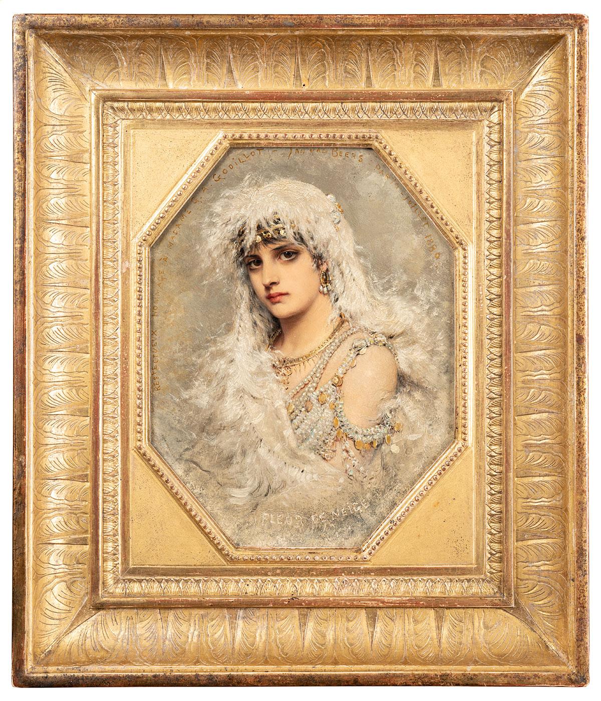 Fleur de Neige, Ritratto di Mme Godillot - Portrait Painting Beige di Jan Van Beers