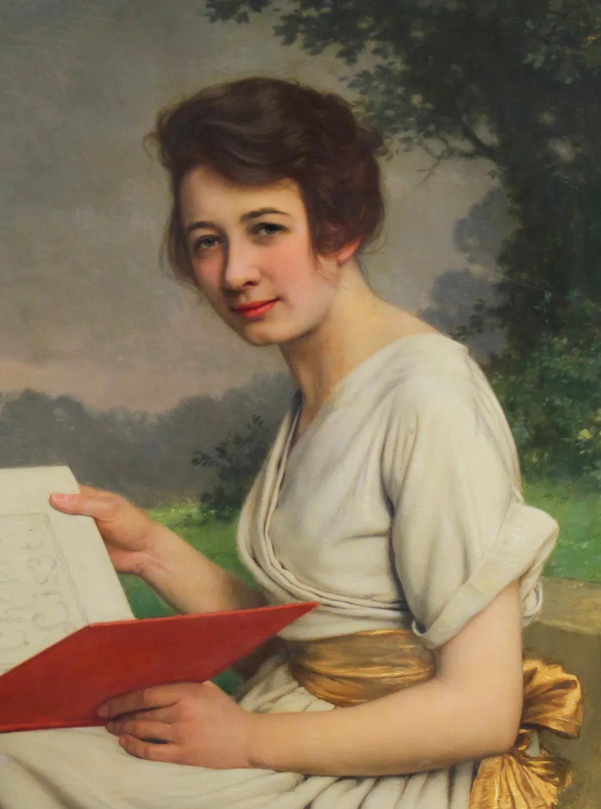 Portrait of a woman in a garden oil painting on panel by Jan Van Beers For Sale 1