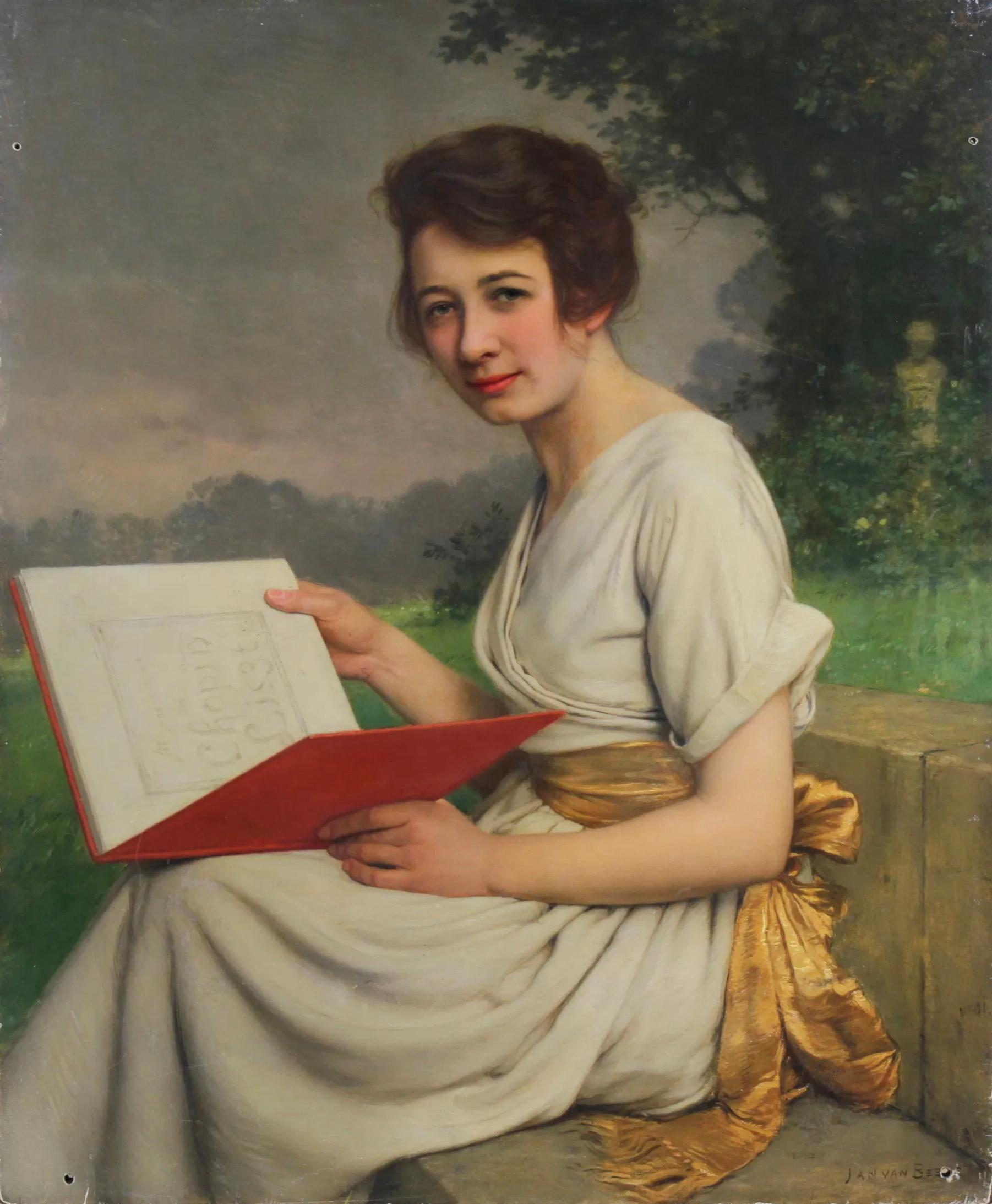 Ritratto di donna in giardino dipinto a olio su tavola da Jan Van Beers in vendita 1