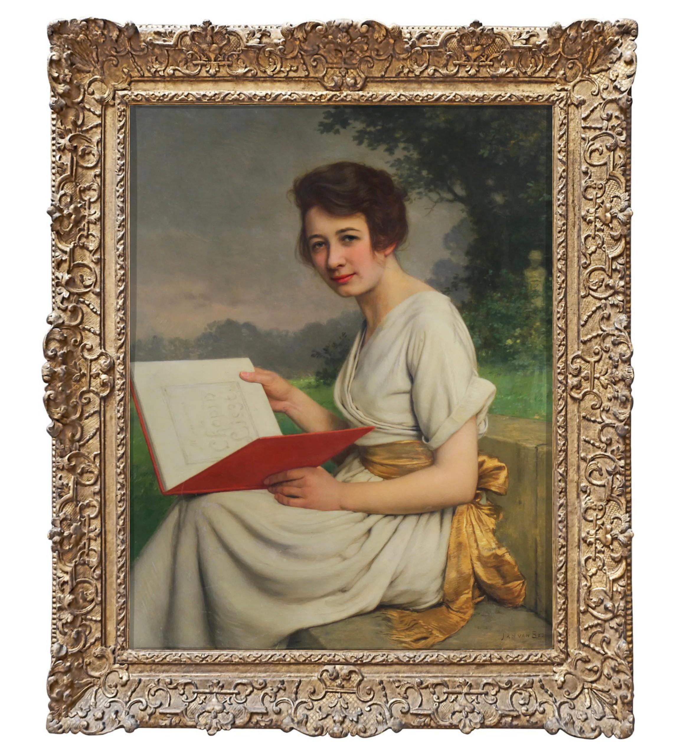 Portrait of a woman in a garden oil painting on panel by Jan Van Beers