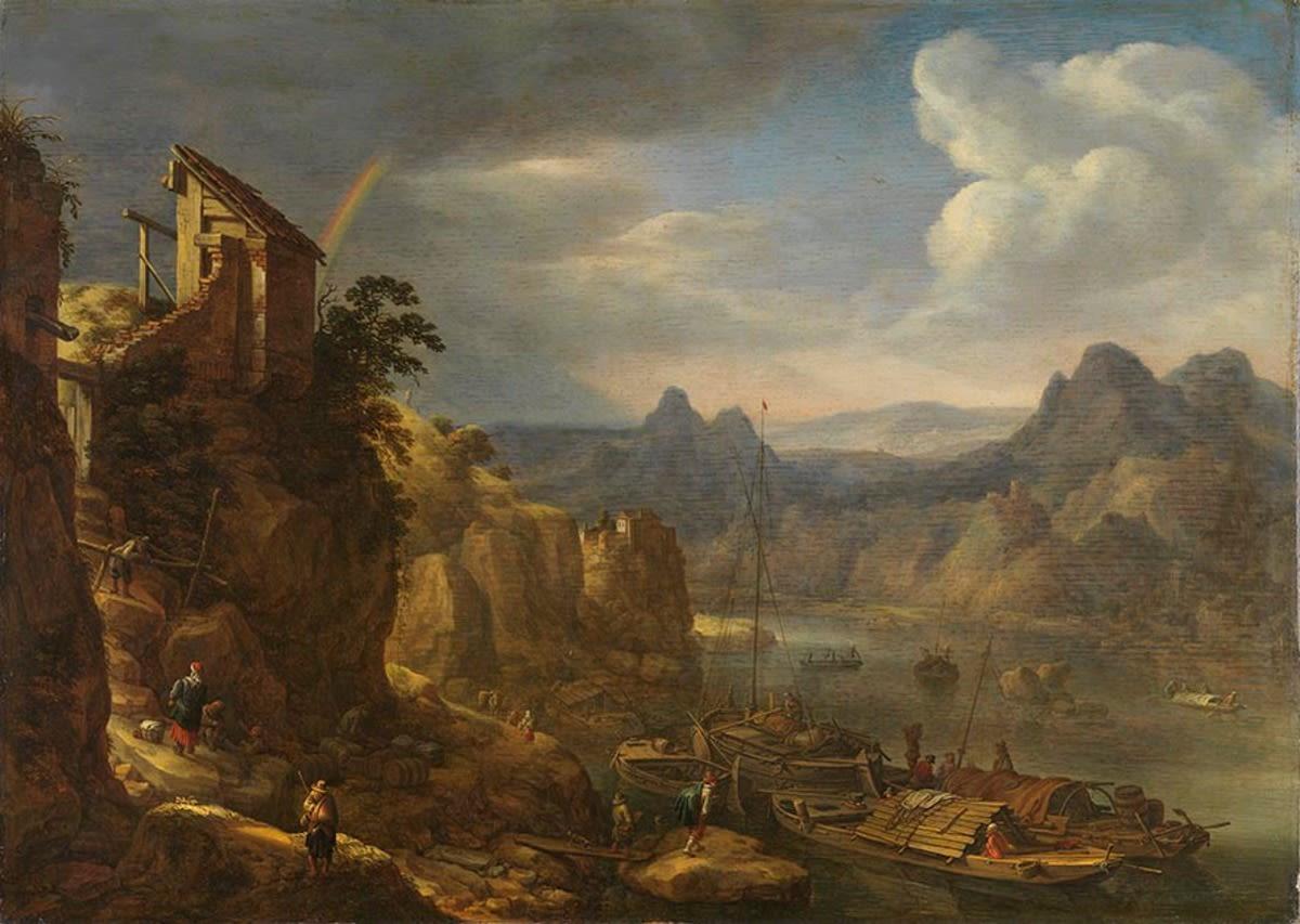River Landscape with Shepherds and Architecture, a painting by Jan van Bunnik For Sale 1