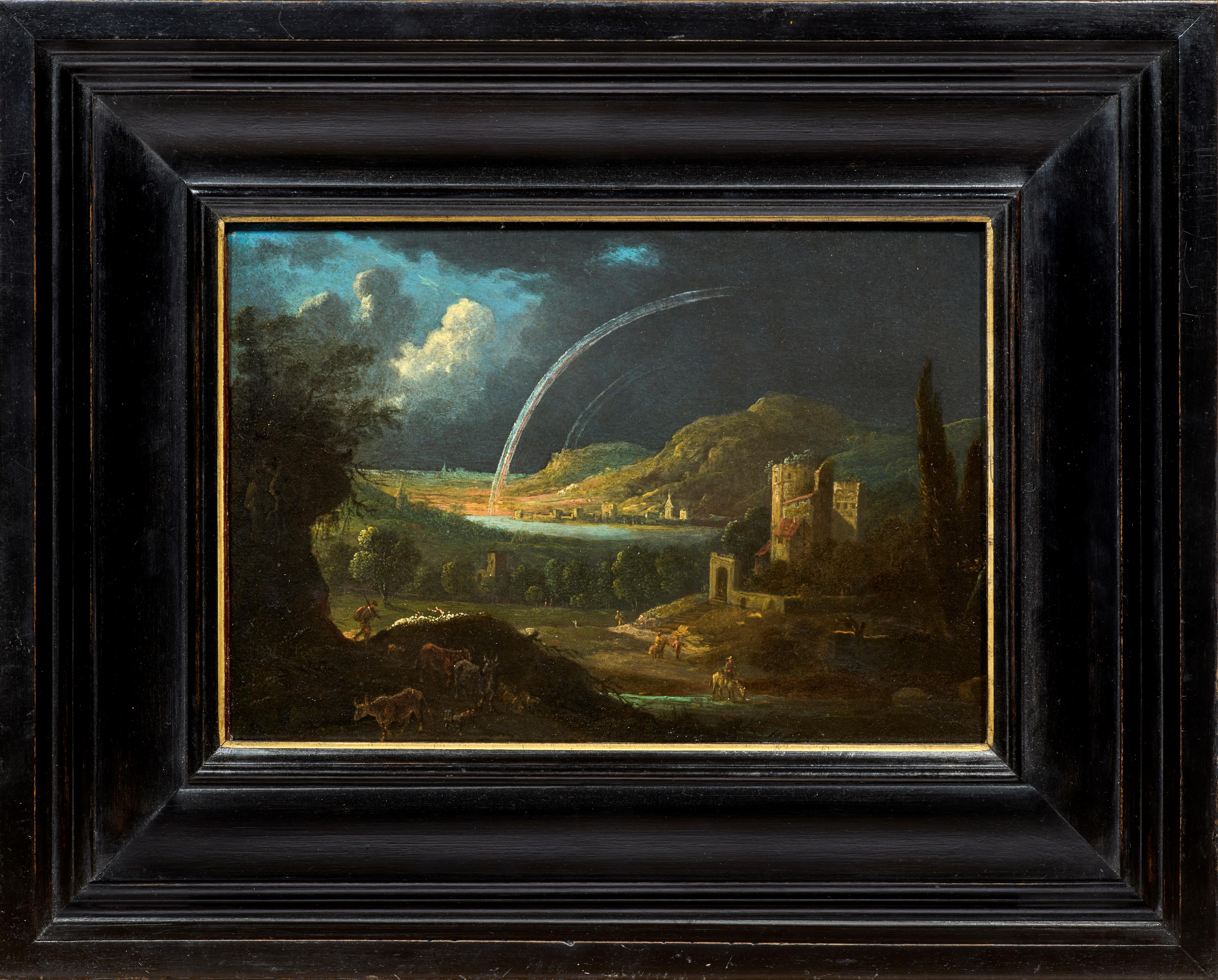 Paysage fluvial avec bergers et architecture, une peinture de Jan van Bunnik