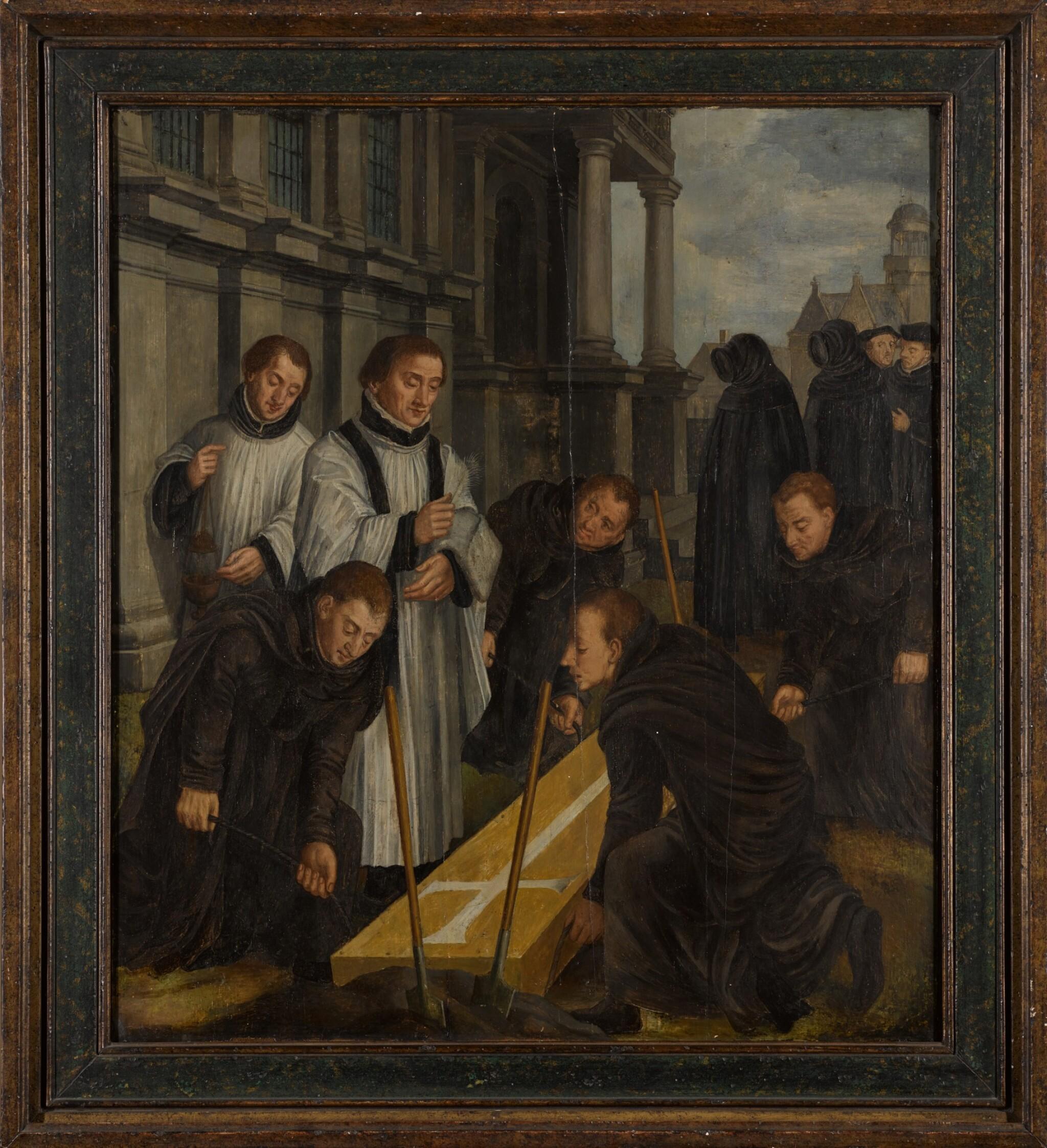 Burying the Dead Ceremony - an early 16th century panel - Painting by Jan van Coninxloo