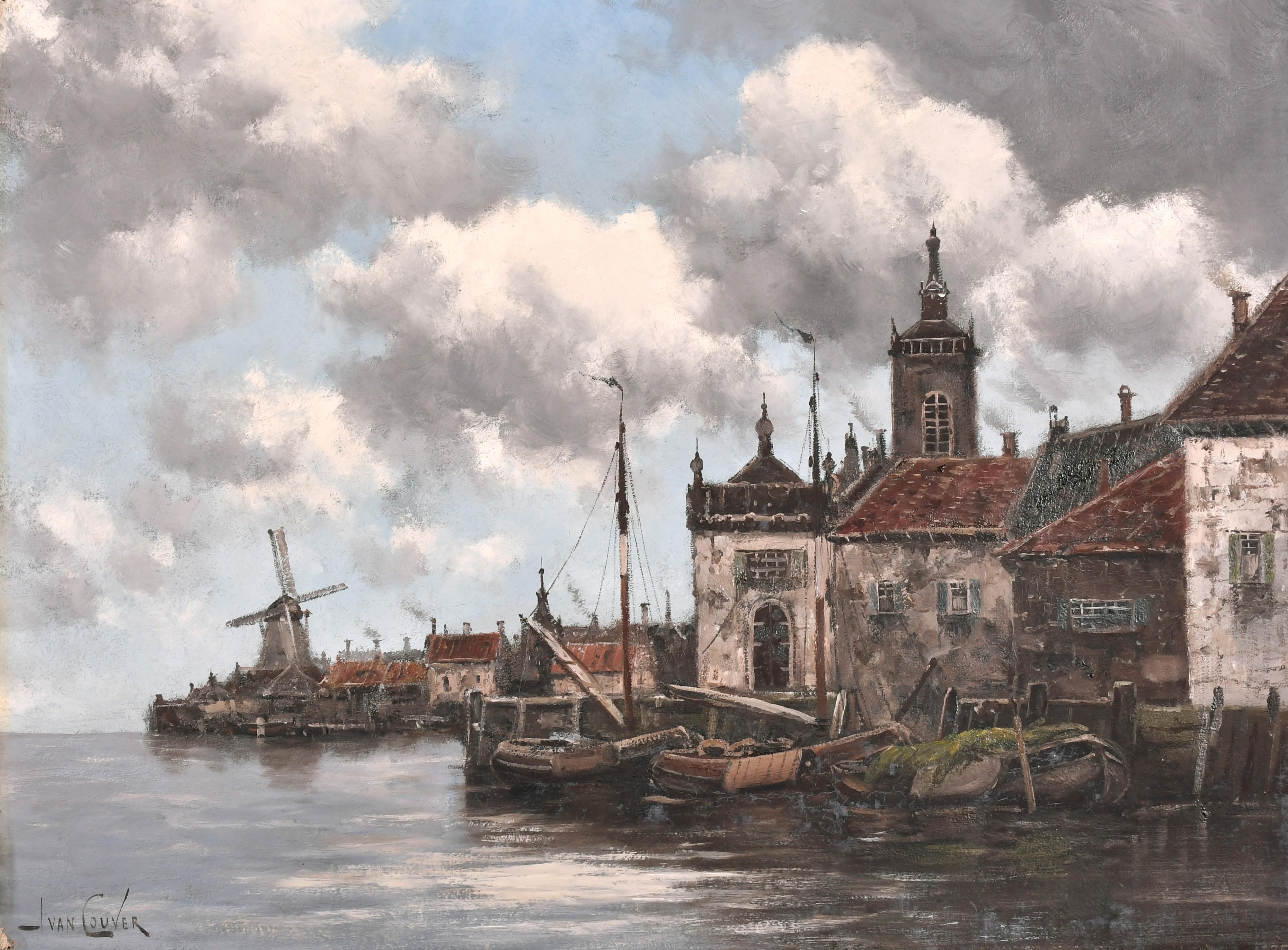 Jan van Couver (1836-1909) Landscape Painting - Signed Antique Original Dutch Impressionist Oil Painting Veeke Harbour, Holland