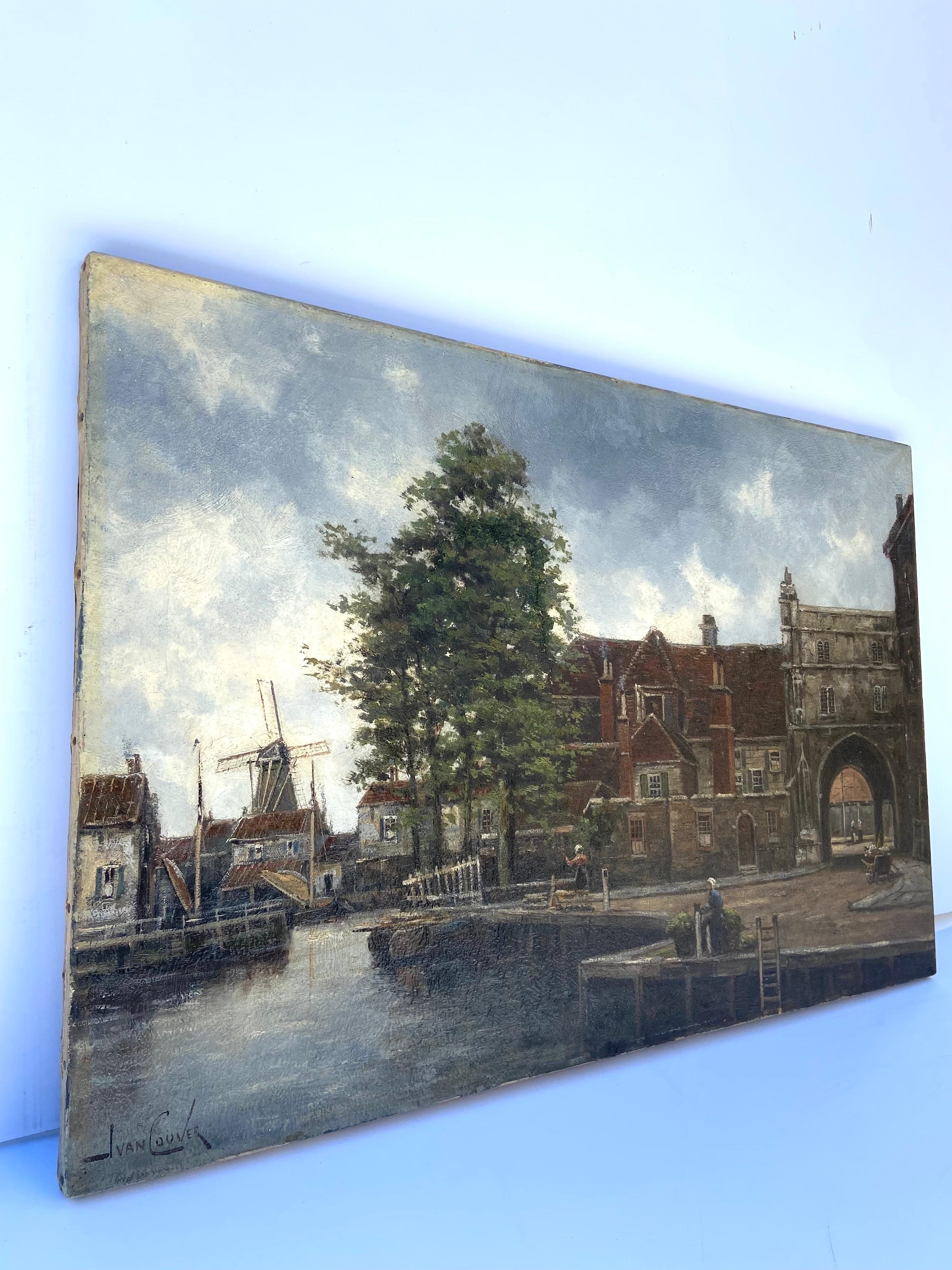 Jan Van Couver Dutch Artist 19th Century Landscape Port Scene Oil Painting 3