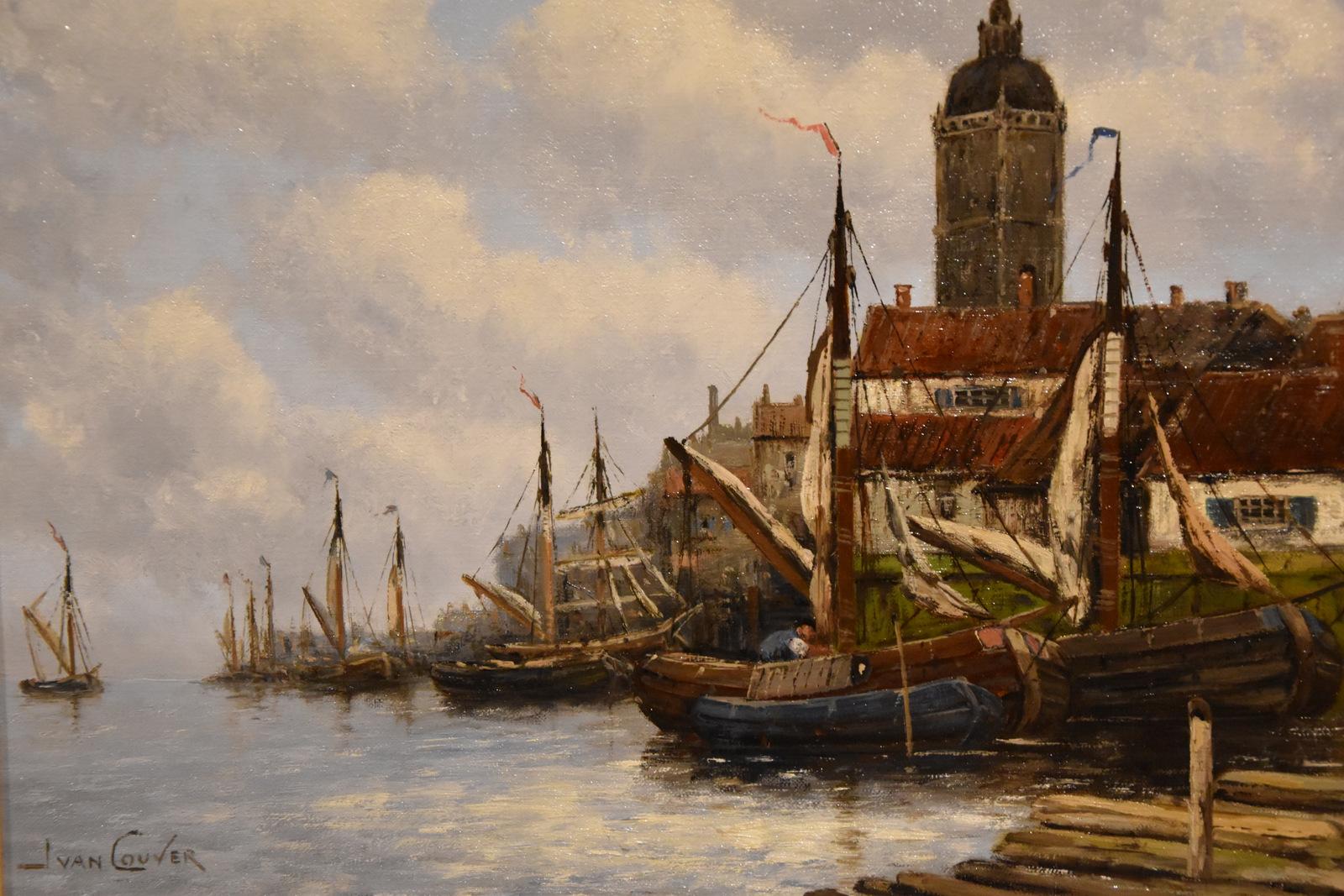 Pareja de óleos de Jan Van Couver 'Vistas del canal' en venta 3