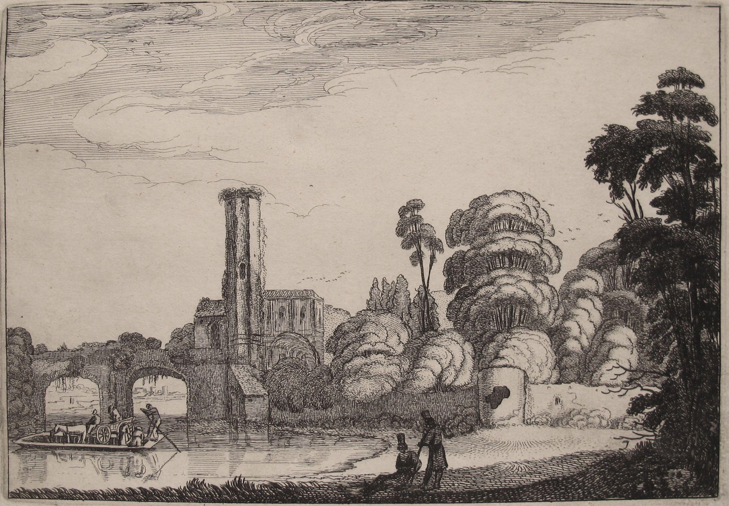 Jan Van de Velde Landscape Print - Ferry in Front of the Stone Bridge